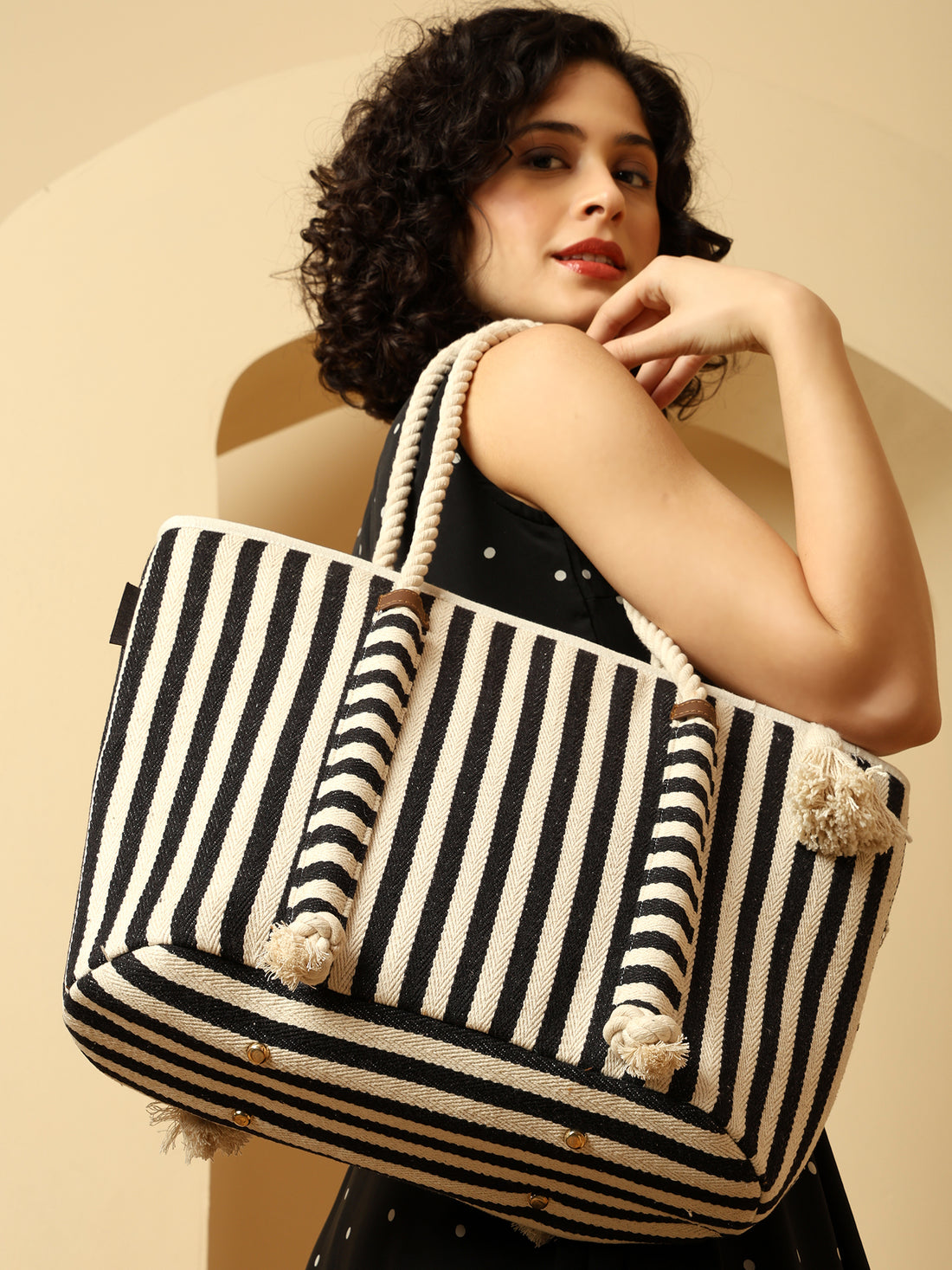 Nautical Striped Canvas Tote Bag with Rope Handles