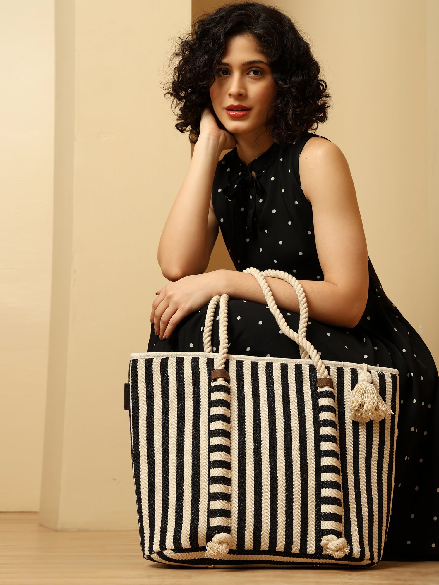 Nautical Striped Canvas Tote Bag with Rope Handles