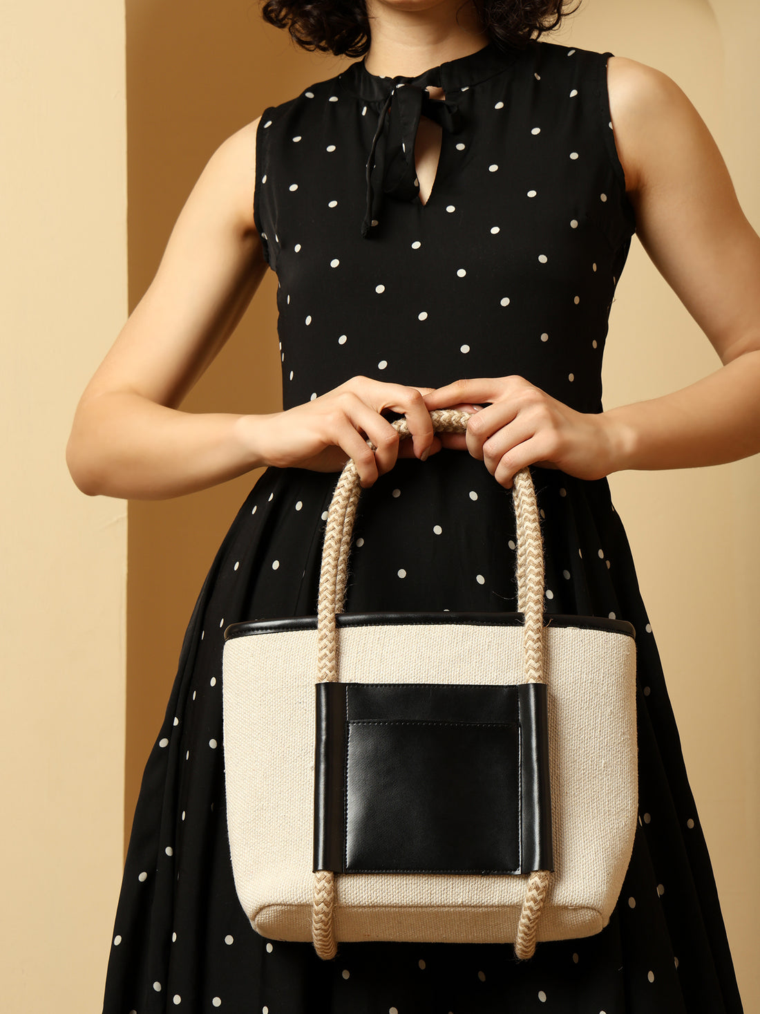 Chic Small Two-Tone Tote Bag with Braided Handles