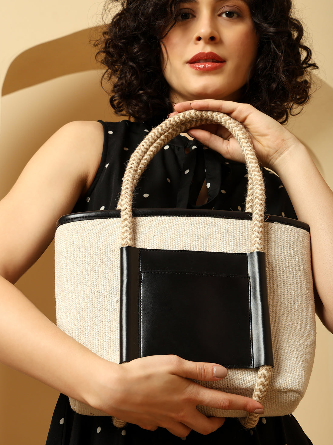 Chic Small Two-Tone Tote Bag with Braided Handles