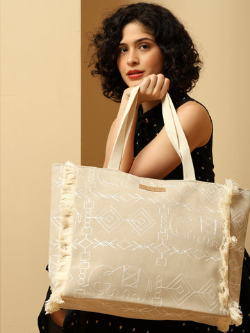 Ensac Sunshine Tote Bag for Women | Stylish Tribal Print Canvas Handbag with Fringe
