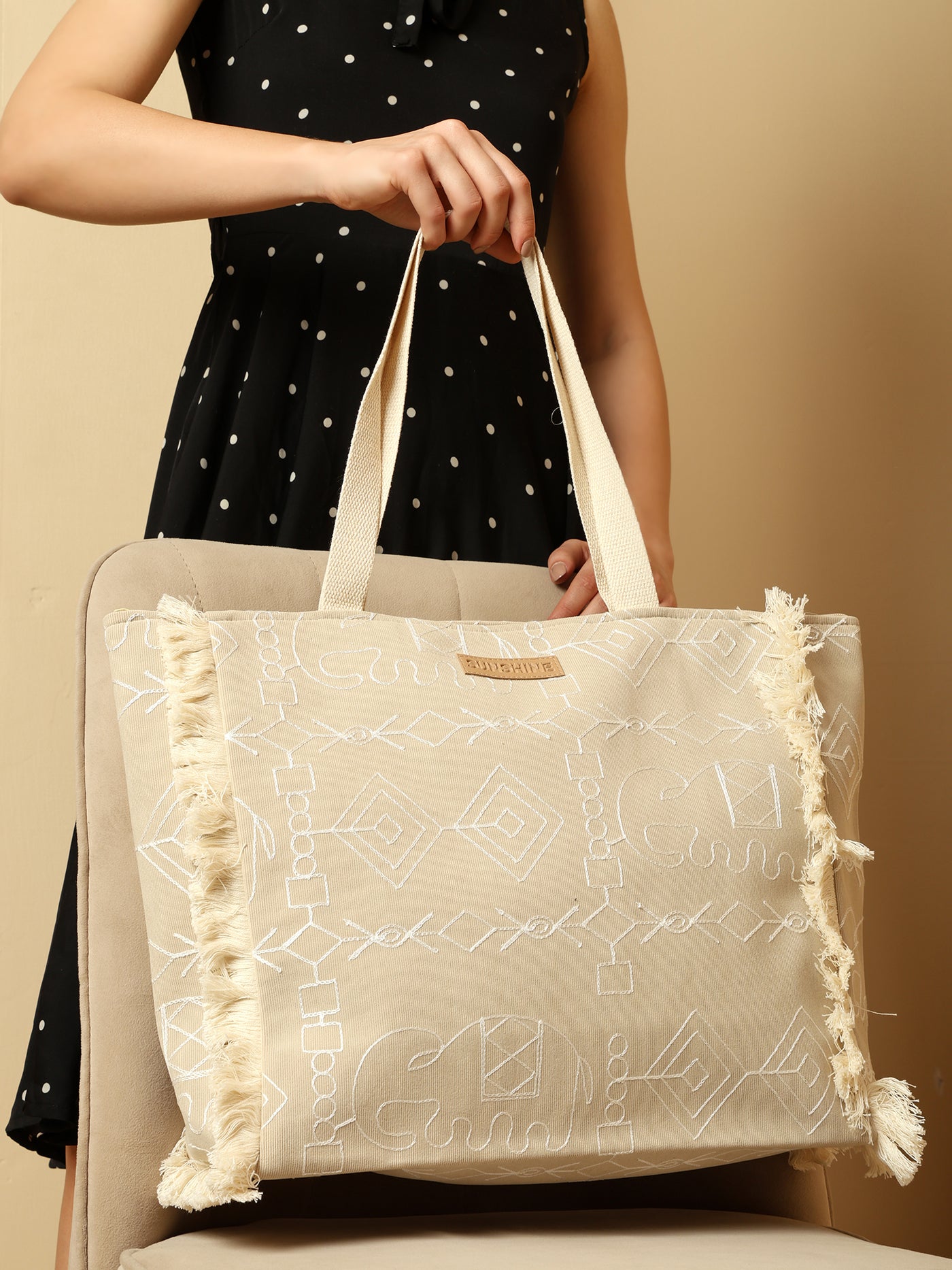 Ensac Sunshine Tote Bag for Women | Stylish Tribal Print Canvas Handbag with Fringe