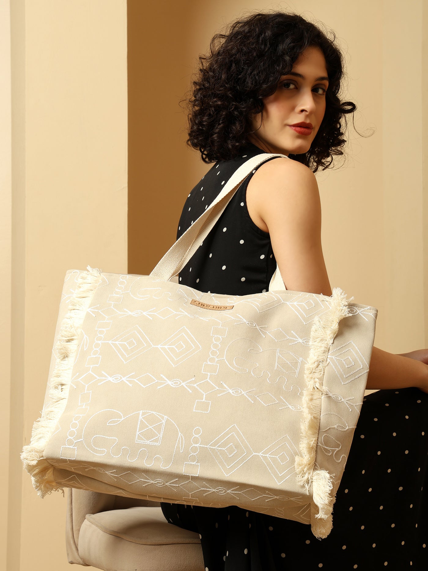 Ensac Sunshine Tote Bag for Women | Stylish Tribal Print Canvas Handbag with Fringe