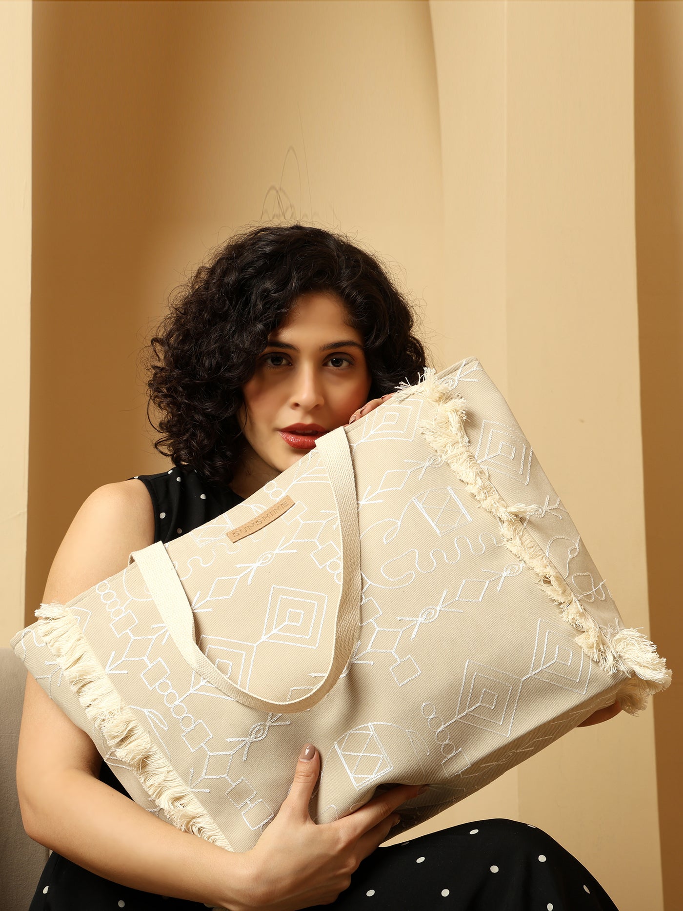 Ensac Sunshine Tote Bag for Women | Stylish Tribal Print Canvas Handbag with Fringe