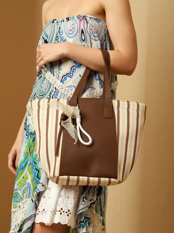 Striped Beach Tote Bag with Brown Accents