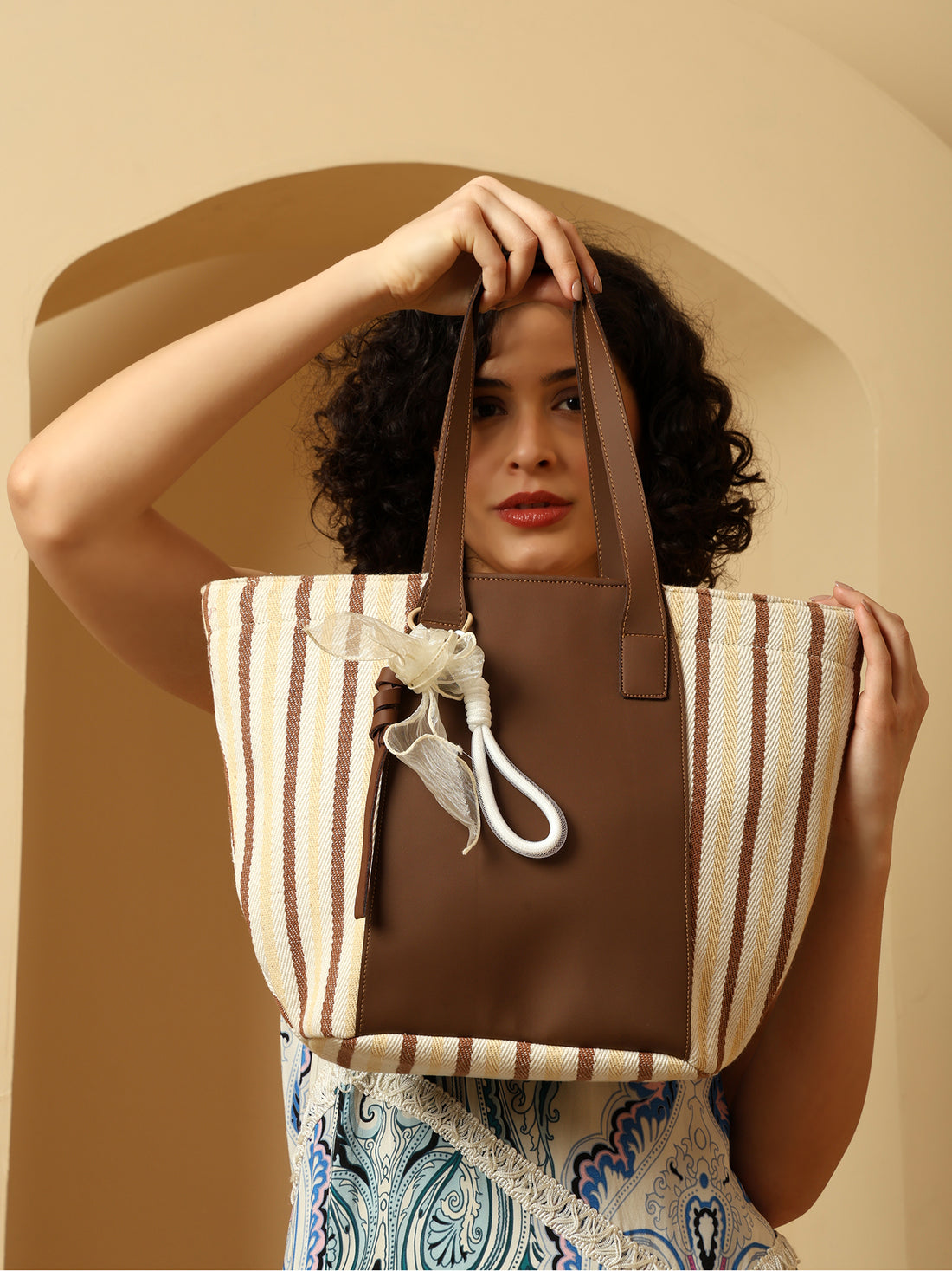Striped Beach Tote Bag with Brown Accents