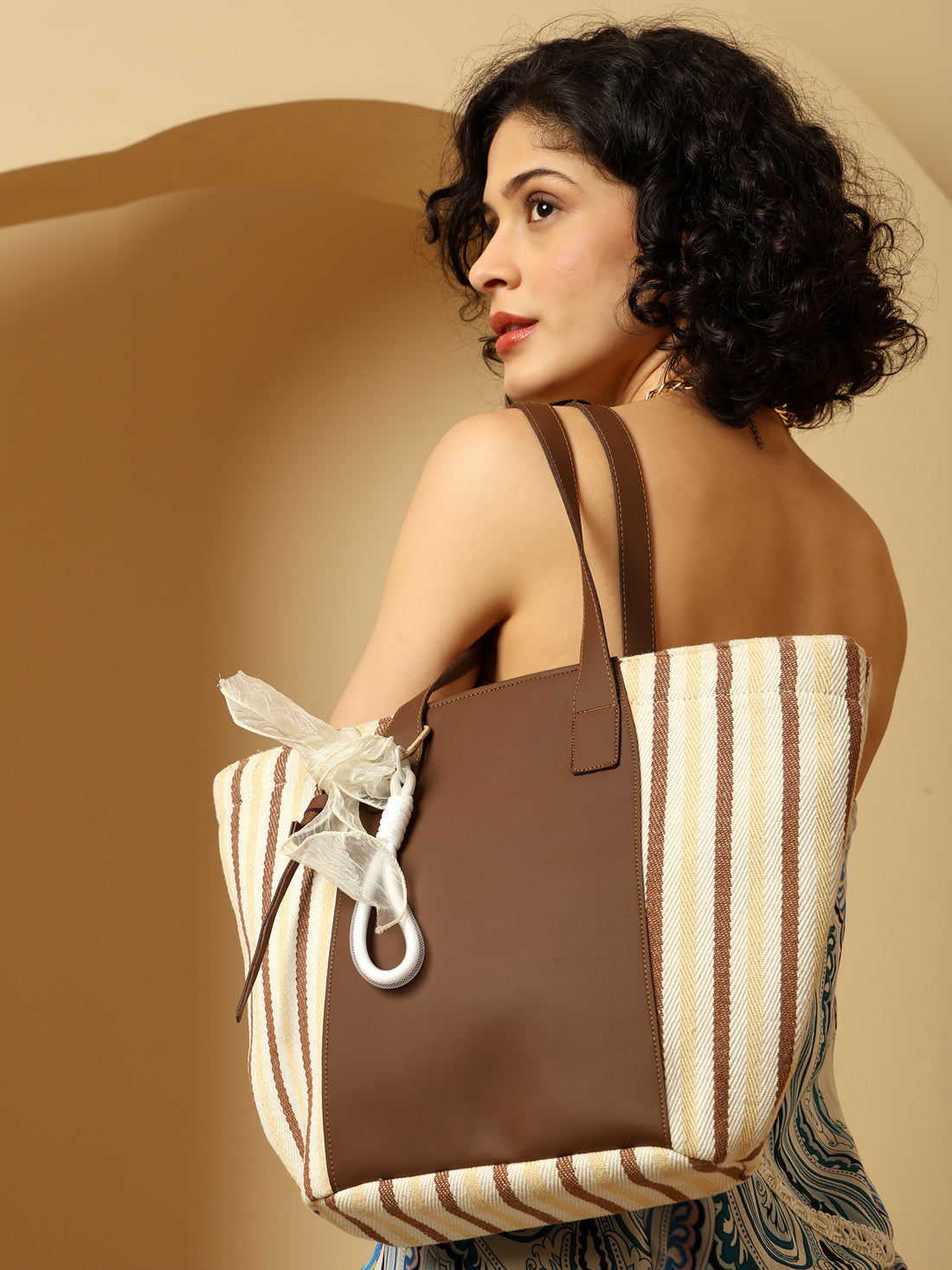 Striped Beach Tote Bag with Brown Accents