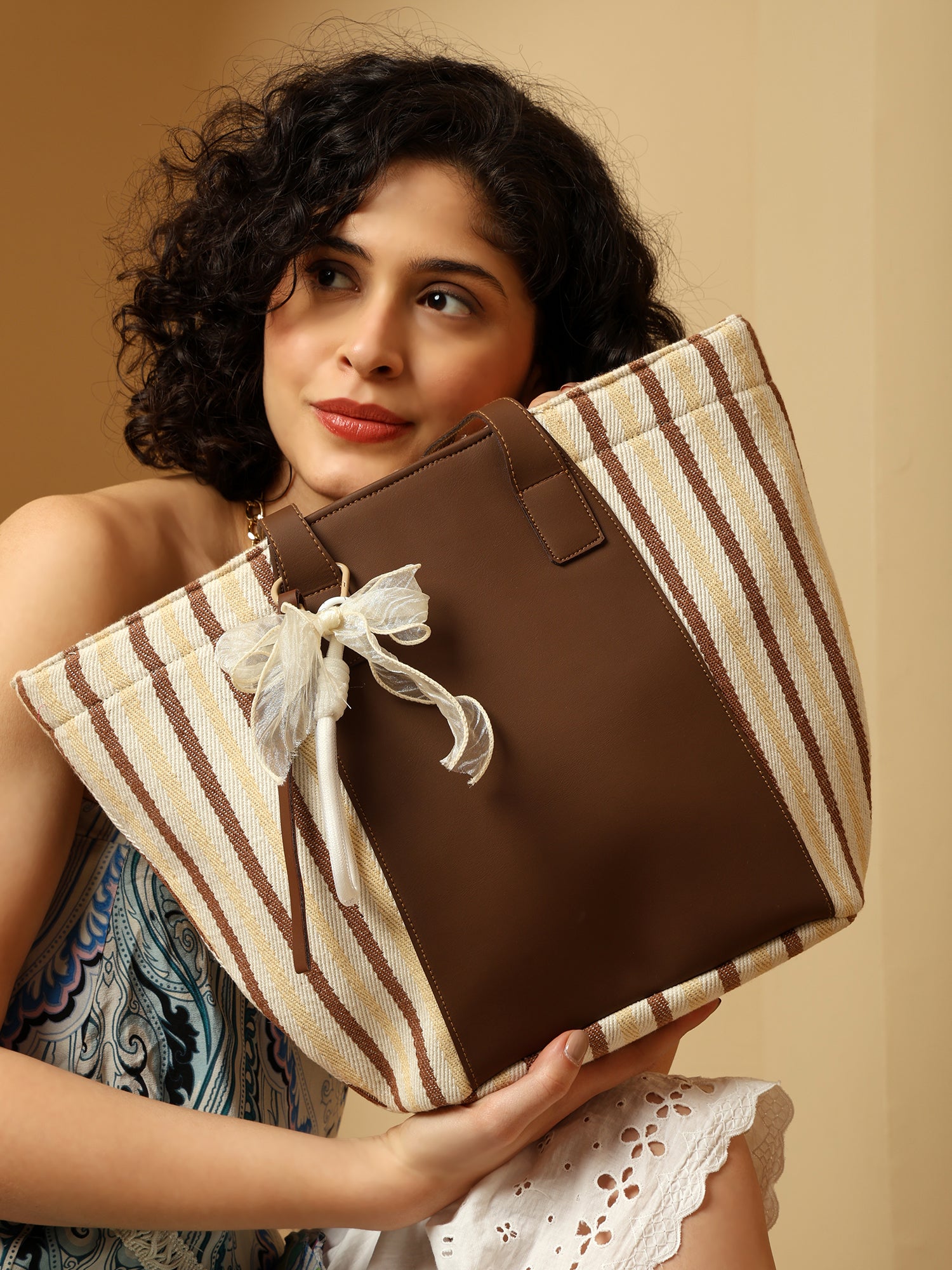 Striped Beach Tote Bag with Brown Accents