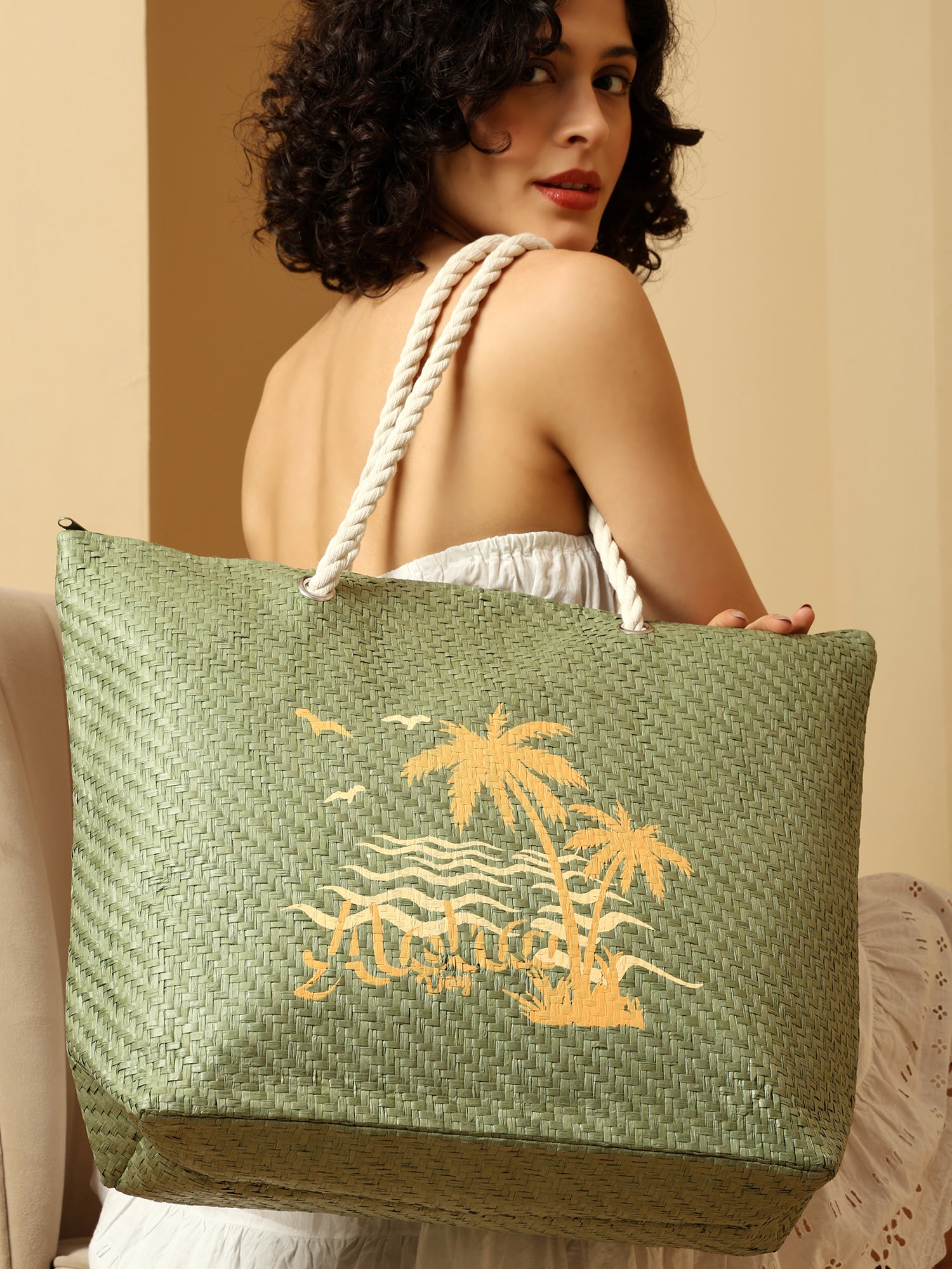 Ensac Aloha Print Paper Straw Beach Tote Bag with Rope Handles | Eco-Friendly Handbag for Women