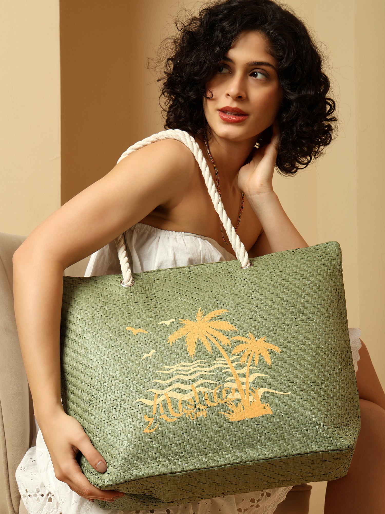 Ensac Aloha Print Paper Straw Beach Tote Bag with Rope Handles | Eco-Friendly Handbag for Women