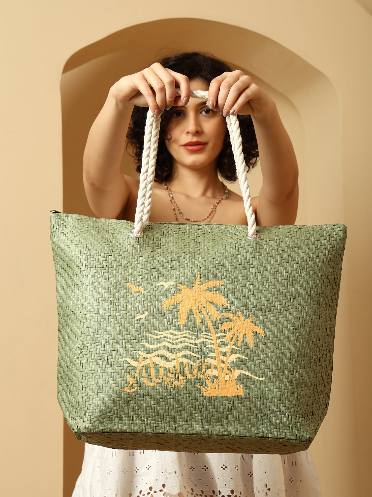 Ensac Aloha Print Paper Straw Beach Tote Bag with Rope Handles | Eco-Friendly Handbag for Women