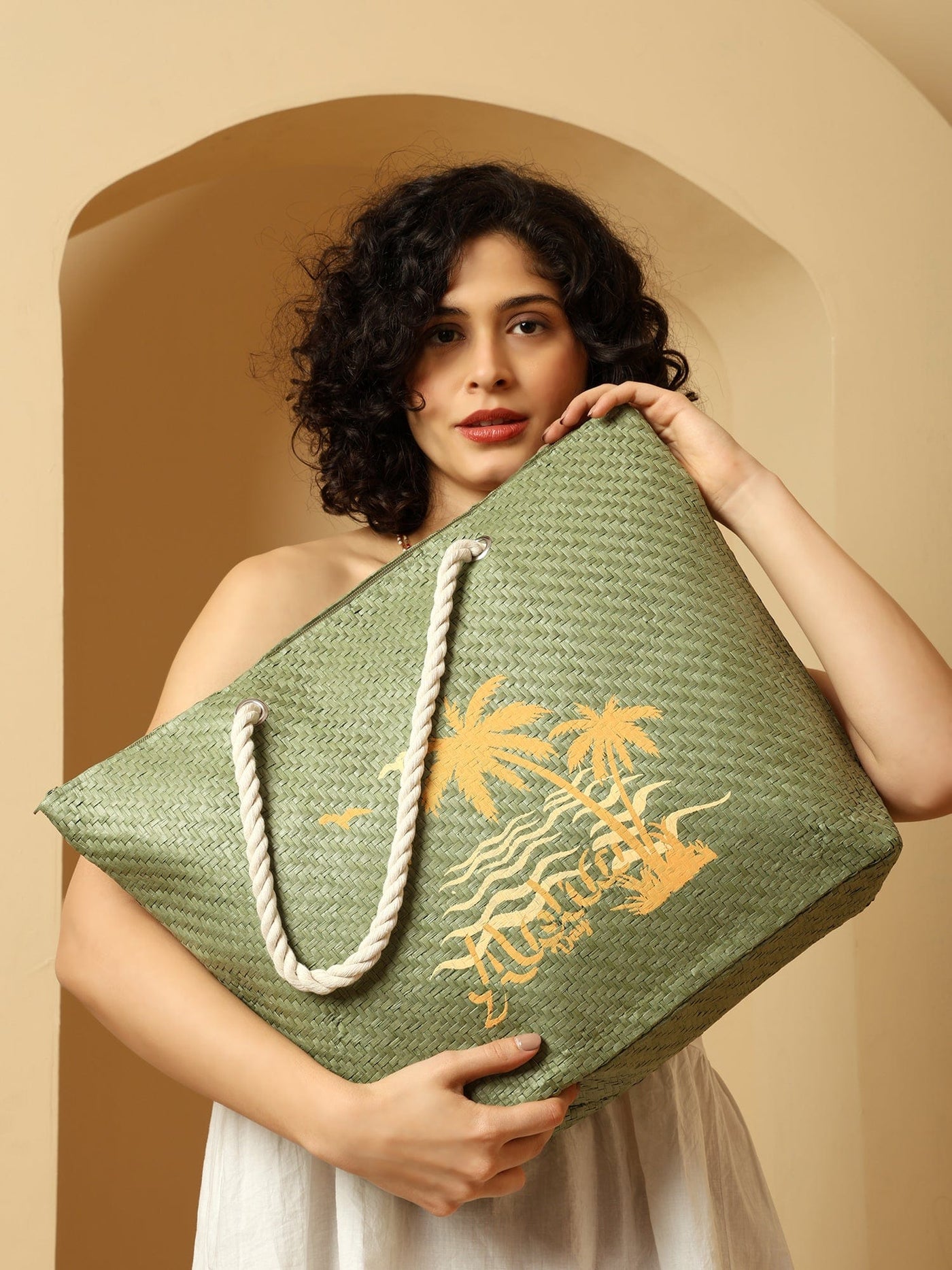 Ensac Aloha Print Paper Straw Beach Tote Bag with Rope Handles | Eco-Friendly Handbag for Women