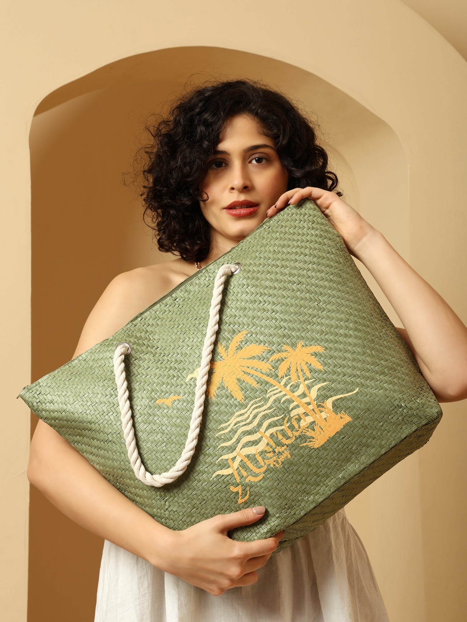 Ensac Aloha Print Paper Straw Beach Tote Bag with Rope Handles | Eco-Friendly Handbag for Women