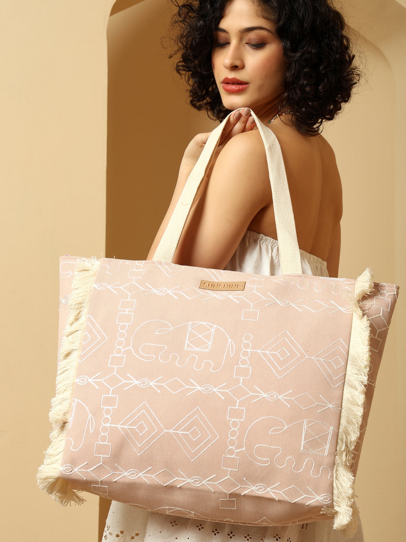 Ensac Sunshine Tote Bag for Women | Stylish Tribal Print Canvas Handbag with Fringe