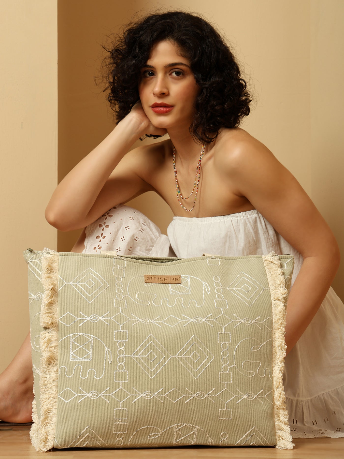 Ensac Sunshine Tote Bag for Women | Stylish Tribal Print Canvas Handbag with Fringe