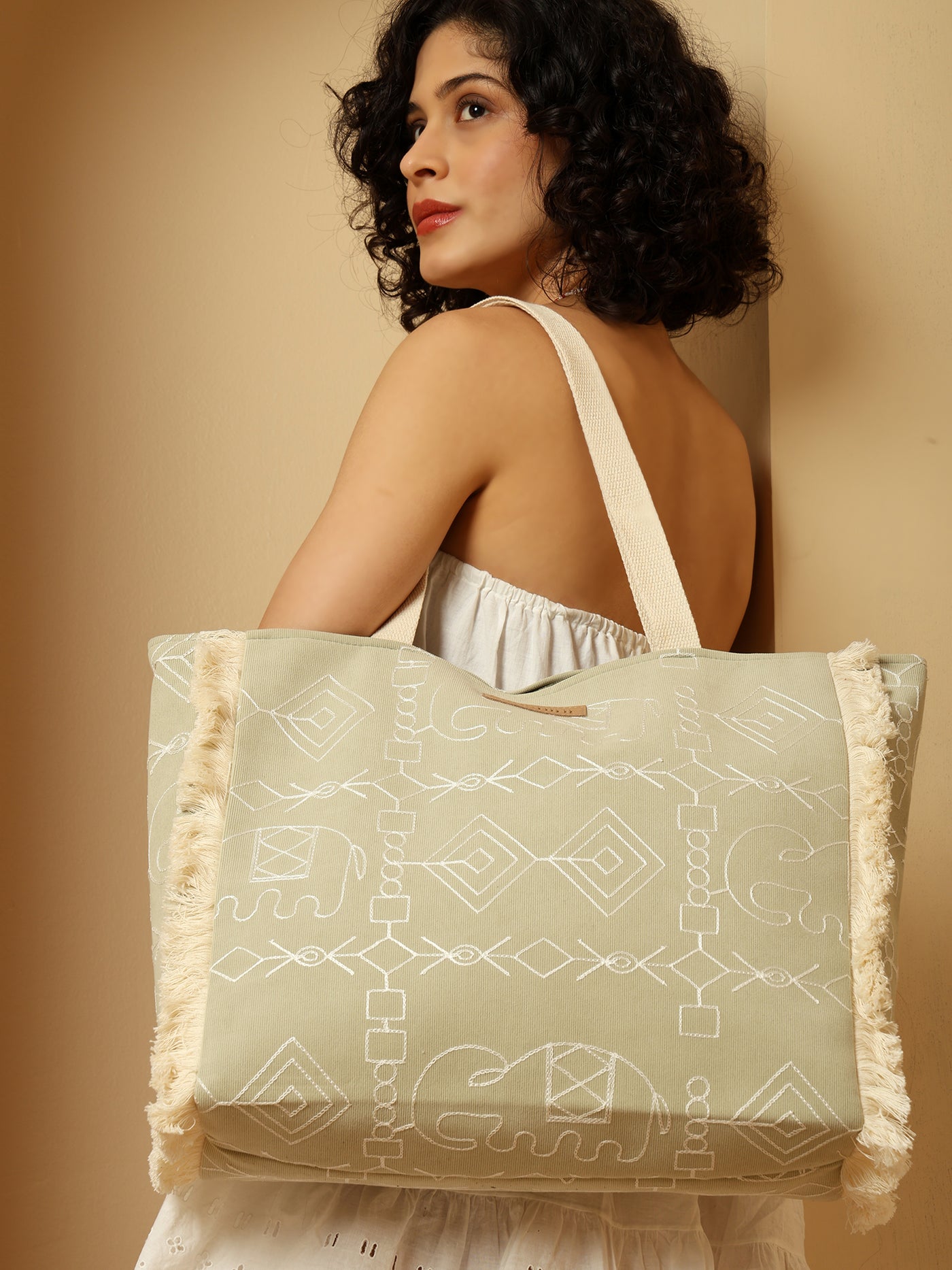 Ensac Sunshine Tote Bag for Women | Stylish Tribal Print Canvas Handbag with Fringe