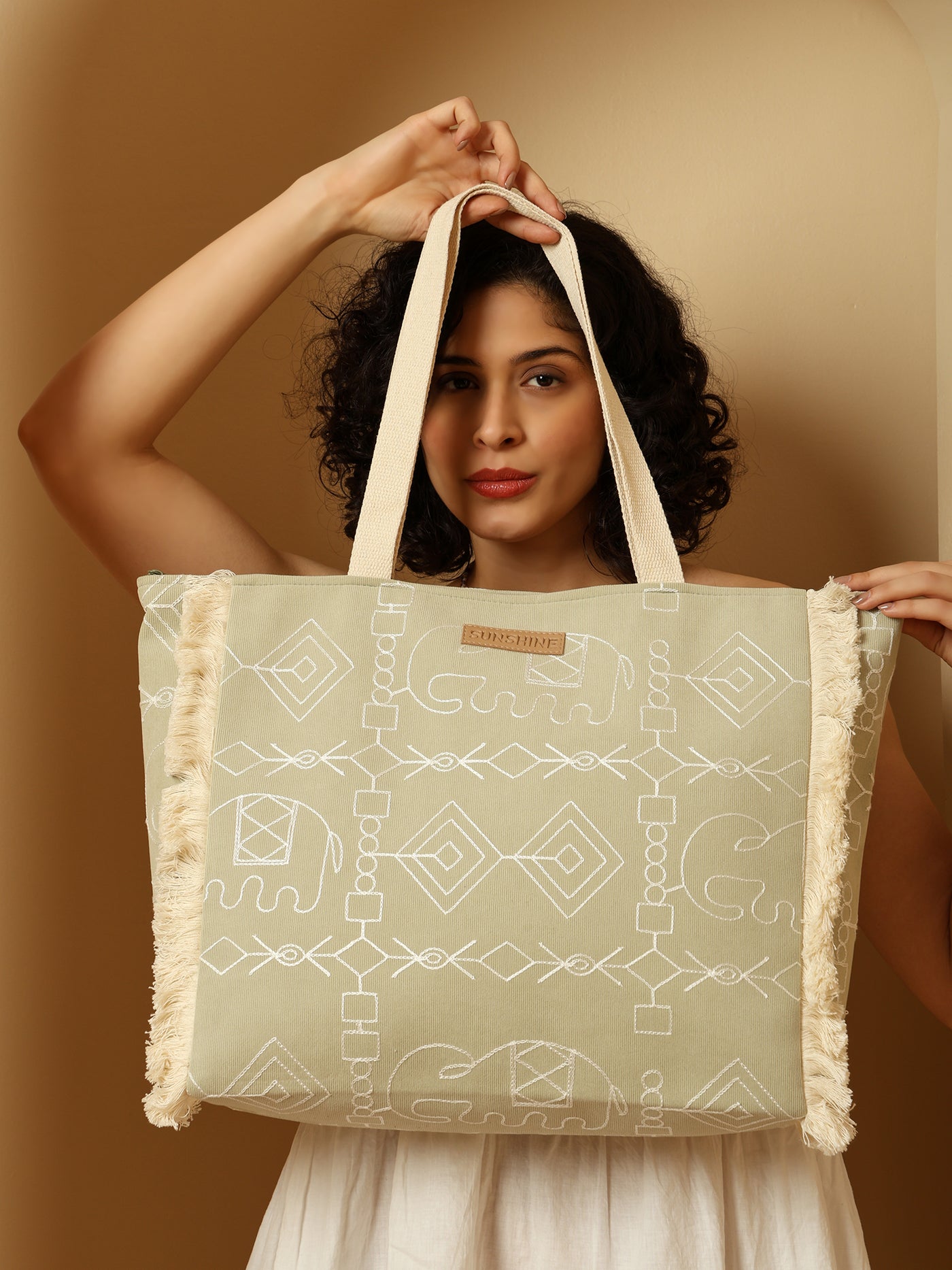Ensac Sunshine Tote Bag for Women | Stylish Tribal Print Canvas Handbag with Fringe