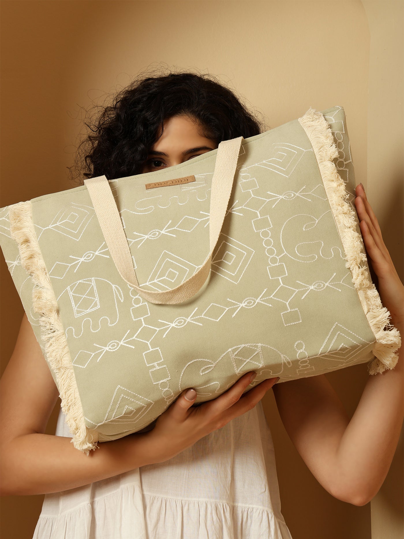 Ensac Sunshine Tote Bag for Women | Stylish Tribal Print Canvas Handbag with Fringe