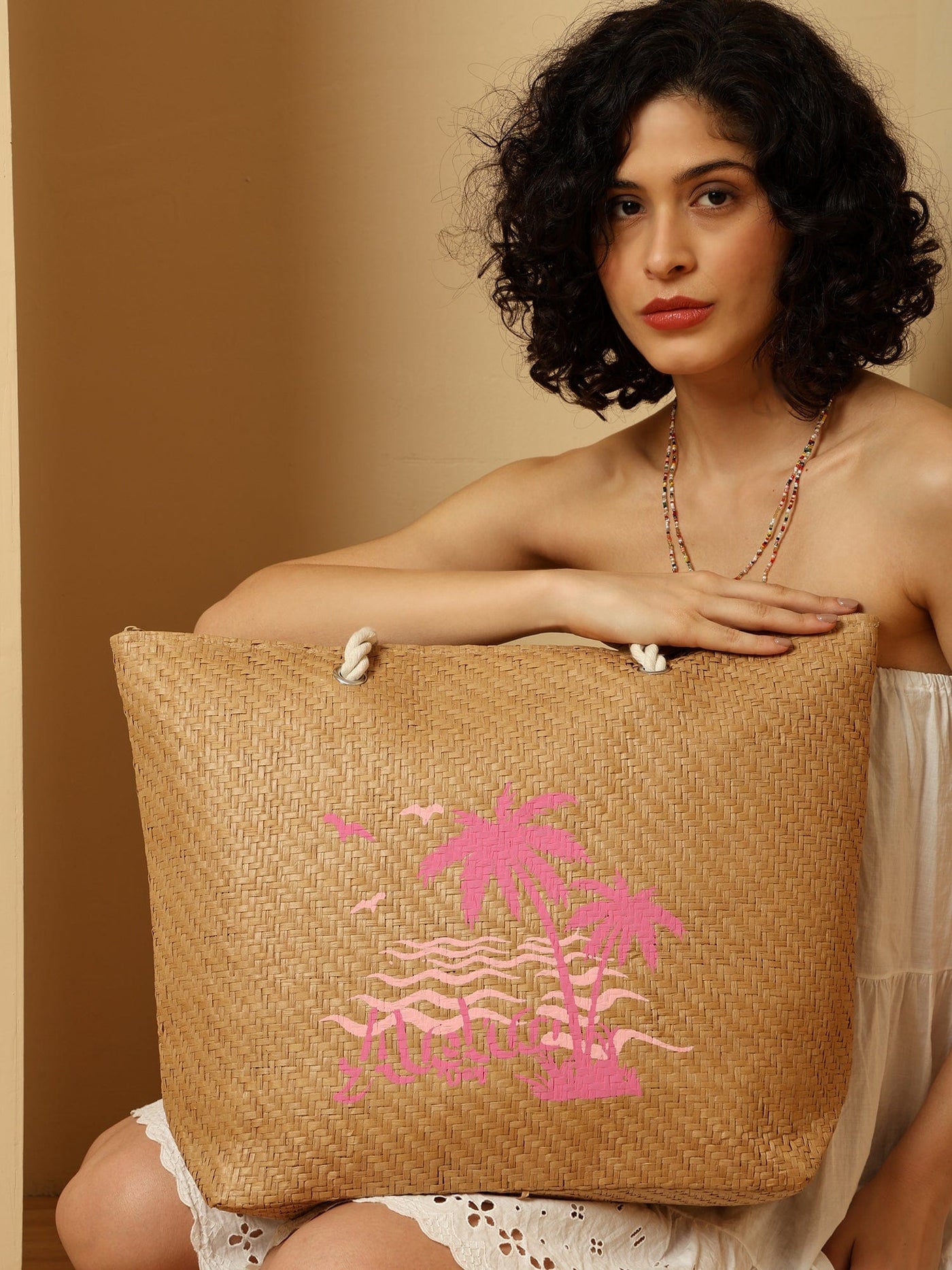 Ensac Aloha Print Paper Straw Beach Tote Bag with Rope Handles | Eco-Friendly Handbag for Women