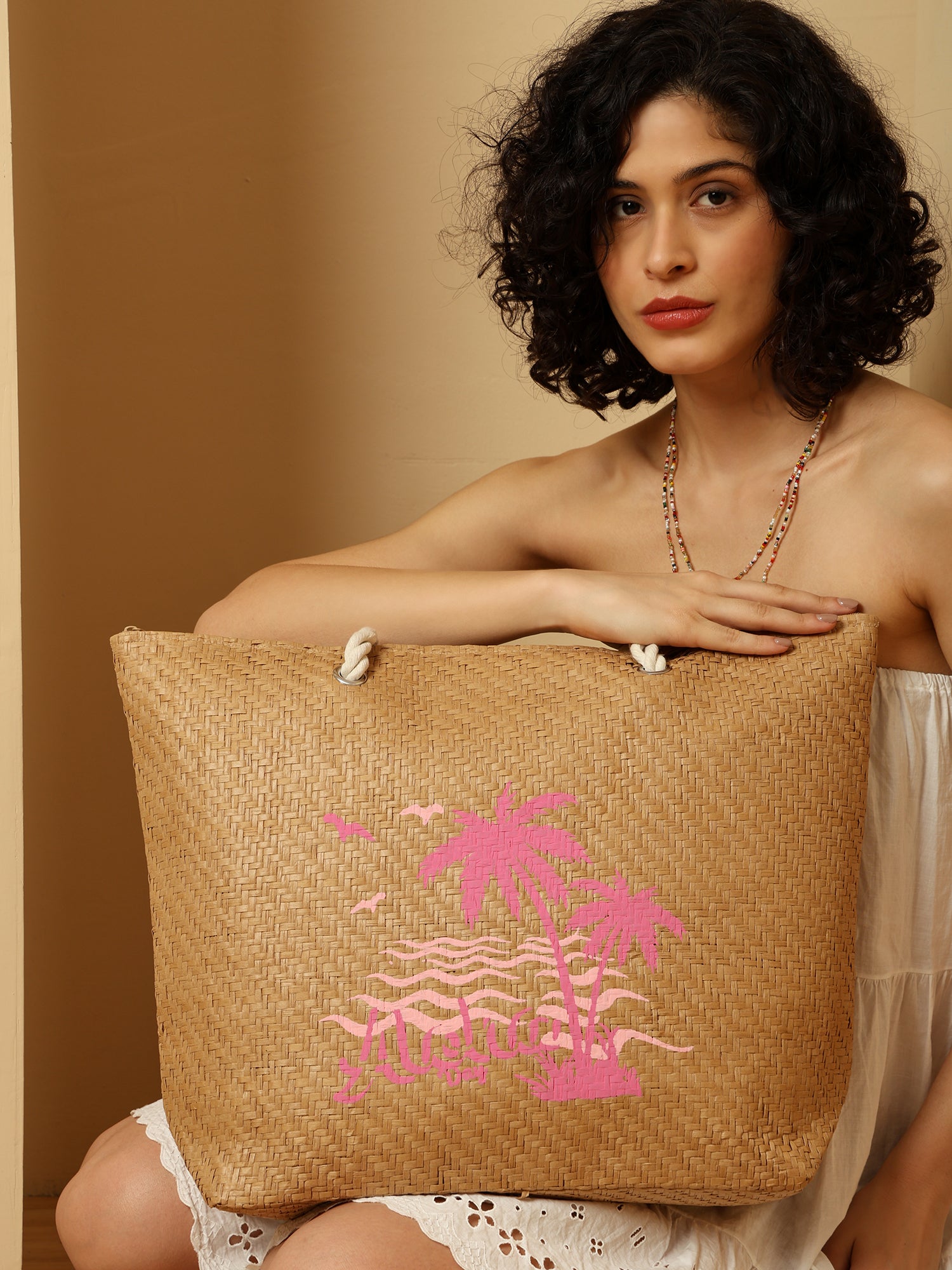 Ensac Aloha Print Paper Straw Beach Tote Bag with Rope Handles | Eco-Friendly Handbag for Women