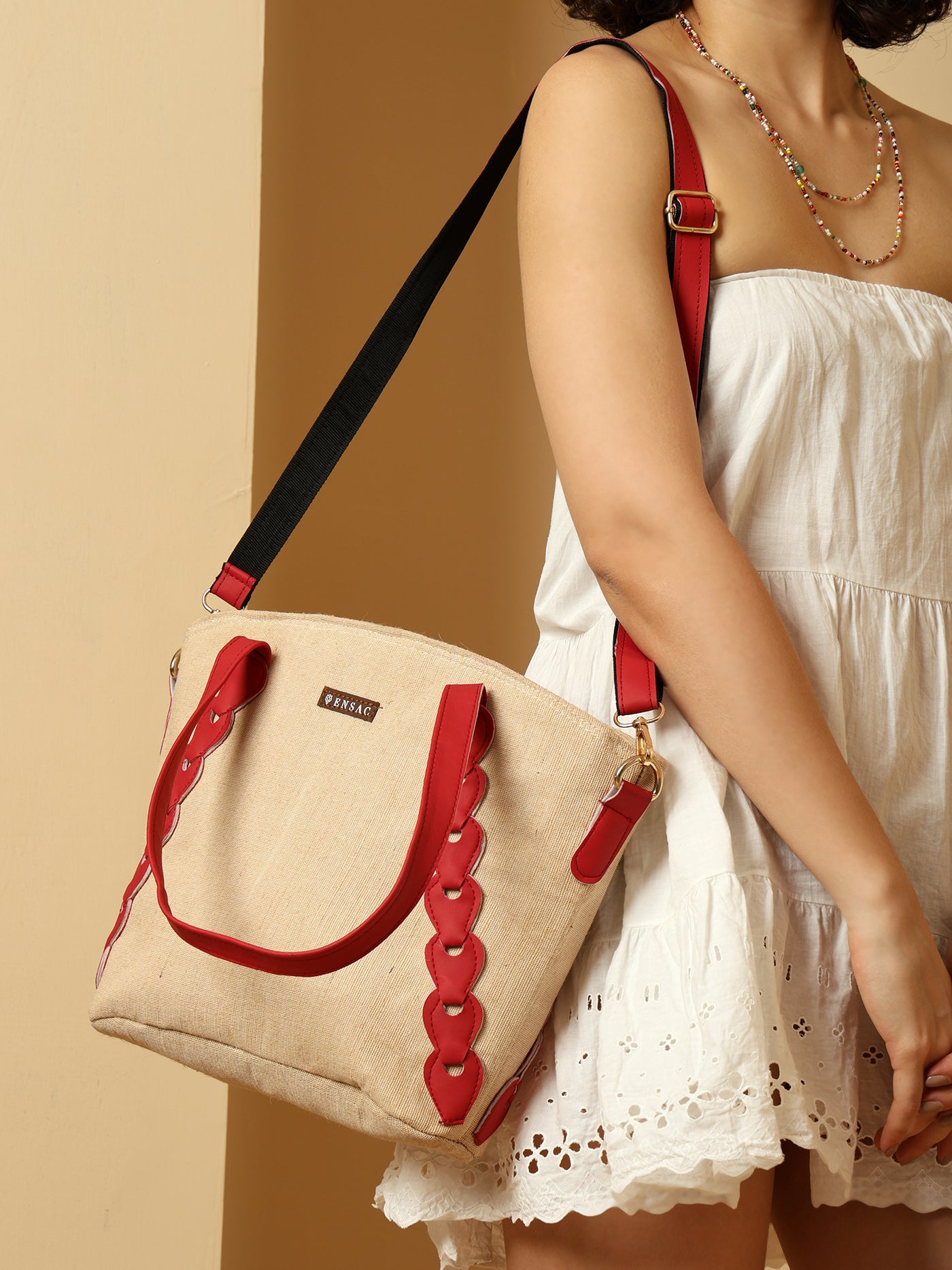 Ensac Red & Beige Jute Entangle Tote Bag | Stylish Handcrafted Handbag for Women