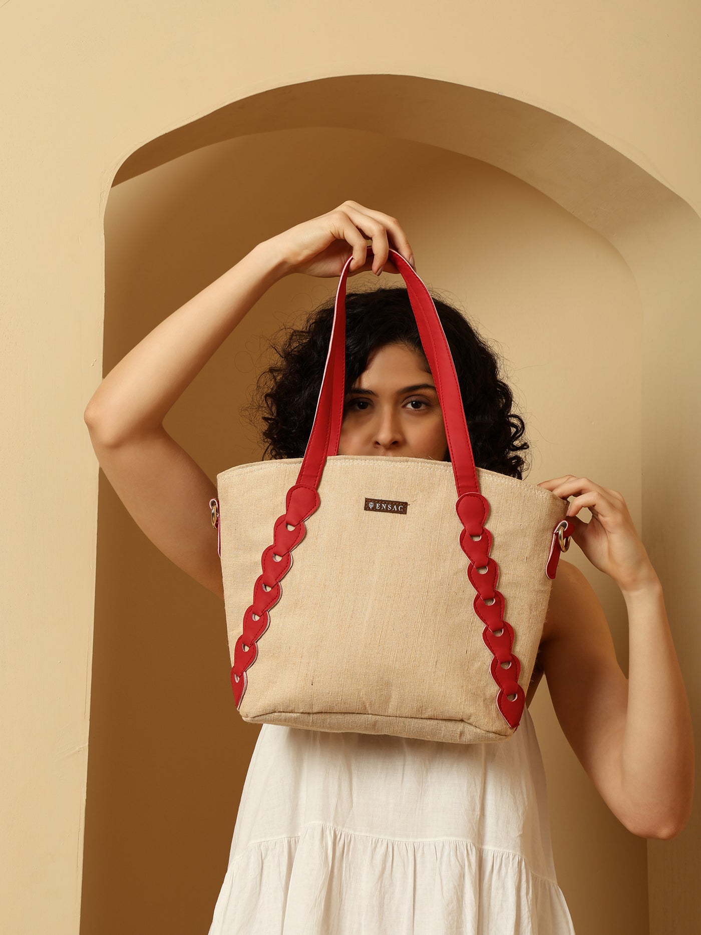 Ensac Red & Beige Jute Entangle Tote Bag | Stylish Handcrafted Handbag for Women