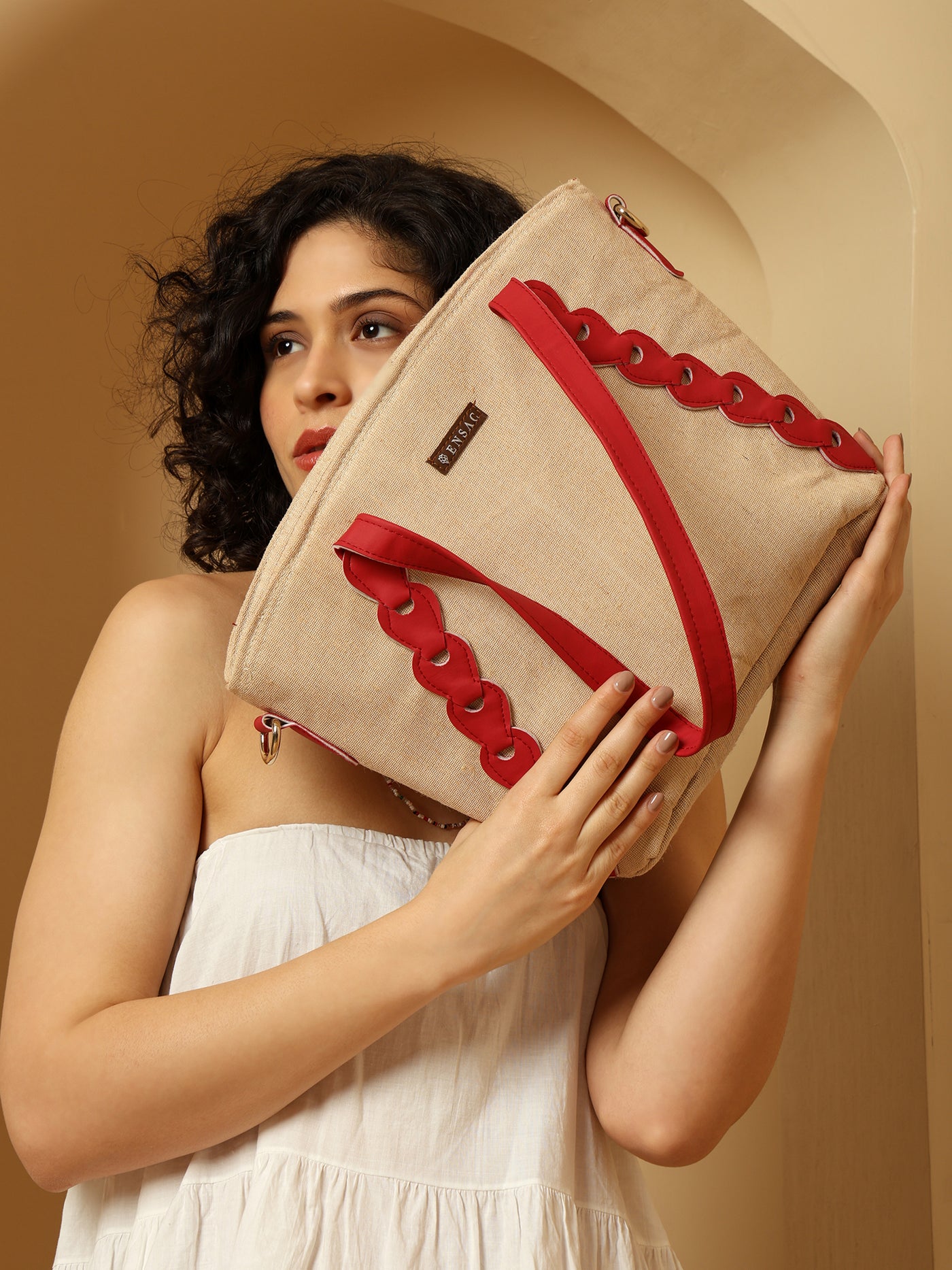 Ensac Red & Beige Jute Entangle Tote Bag | Stylish Handcrafted Handbag for Women
