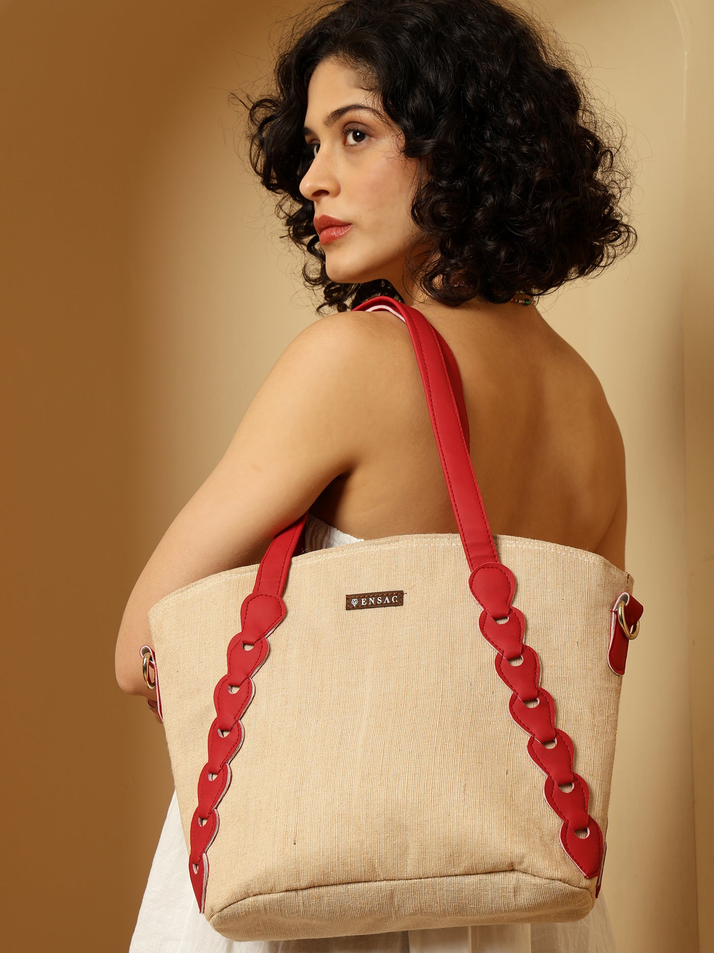 Ensac Red & Beige Jute Entangle Tote Bag | Stylish Handcrafted Handbag for Women