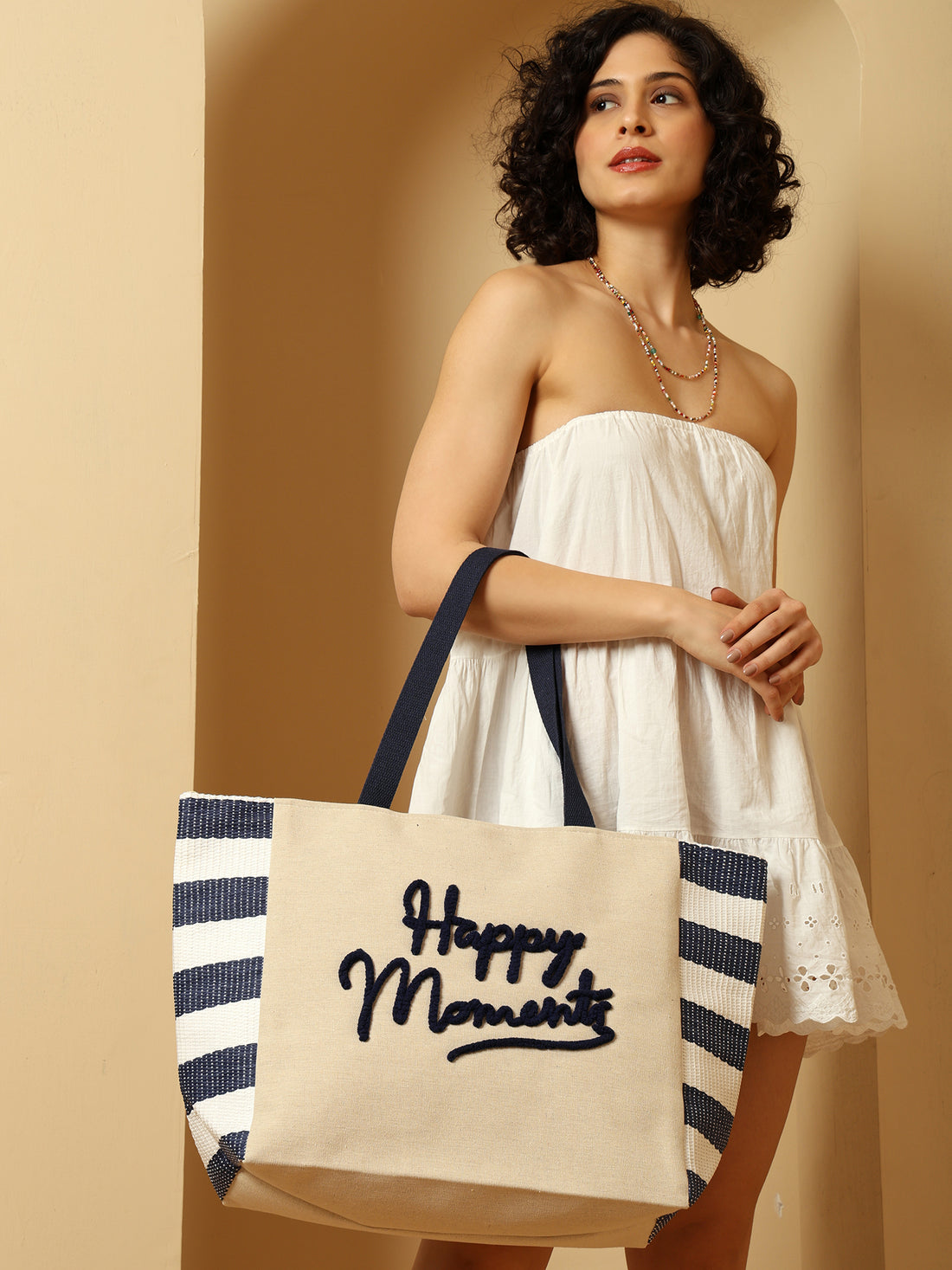 ENSAC “Happy Moments” Blue & White Striped Tote Bag | Stylish & Spacious Everyday Carry