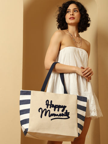 ENSAC “Happy Moments” Blue & White Striped Tote Bag | Stylish & Spacious Everyday Carry