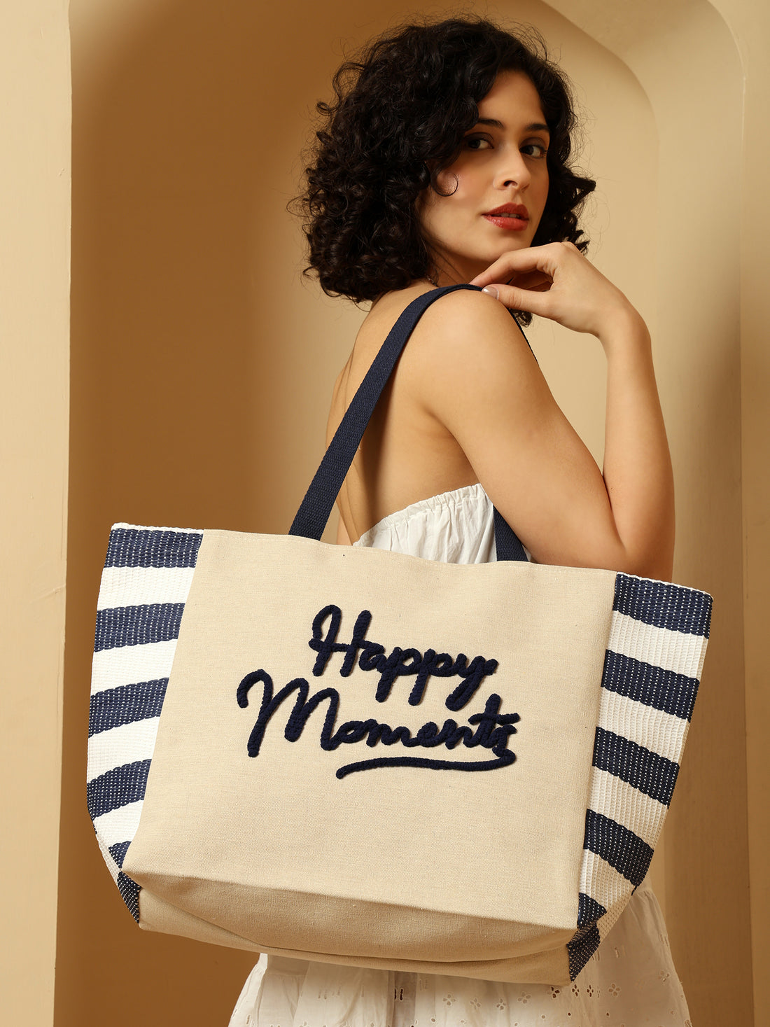 ENSAC “Happy Moments” Blue & White Striped Tote Bag | Stylish & Spacious Everyday Carry