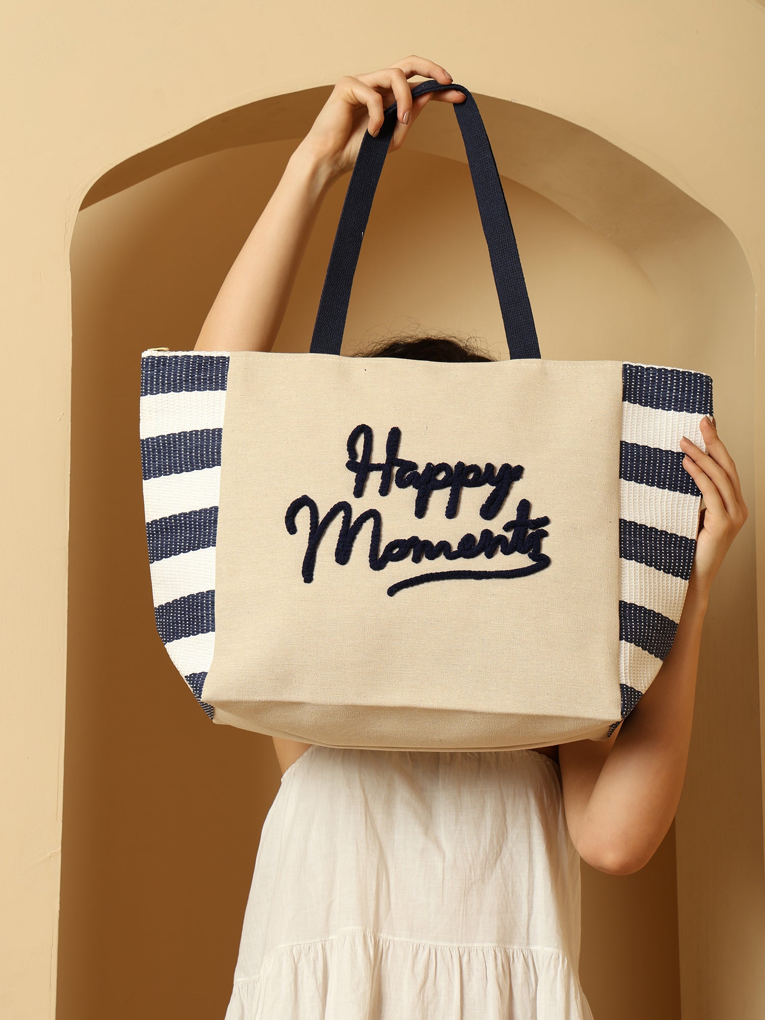 ENSAC “Happy Moments” Blue & White Striped Tote Bag | Stylish & Spacious Everyday Carry