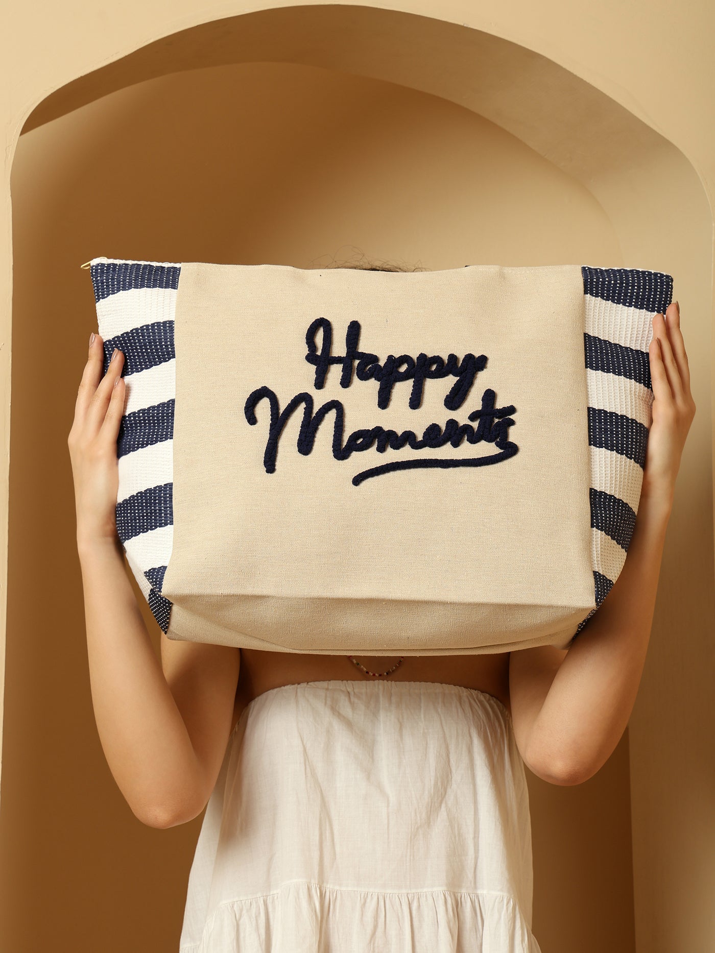 ENSAC “Happy Moments” Blue & White Striped Tote Bag | Stylish & Spacious Everyday Carry
