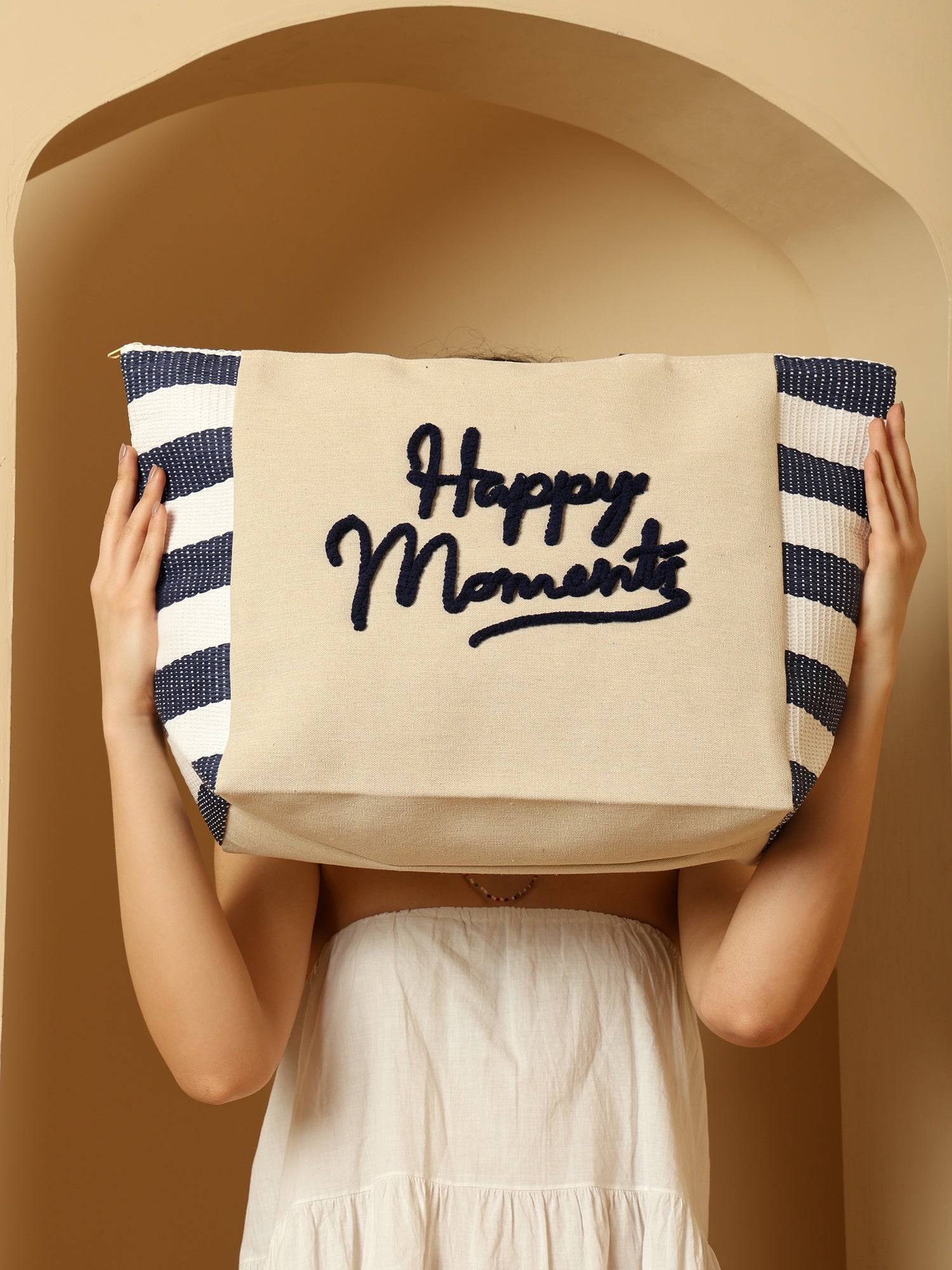 ENSAC “Happy Moments” Blue & White Striped Tote Bag | Stylish & Spacious Everyday Carry