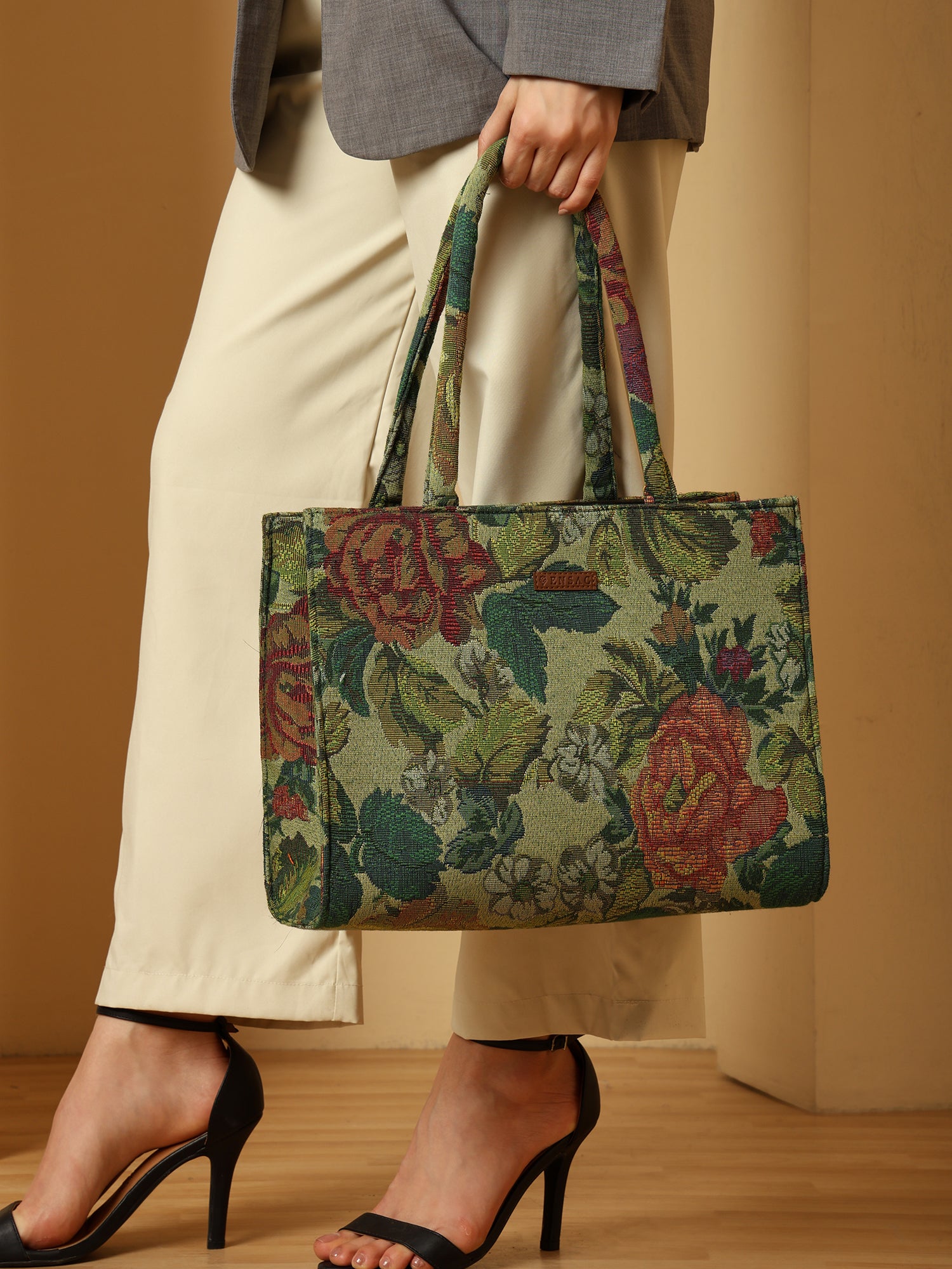 ENSAC Enchanted Garden Green Floral Tote Bag – Stylish & Spacious Everyday Bag