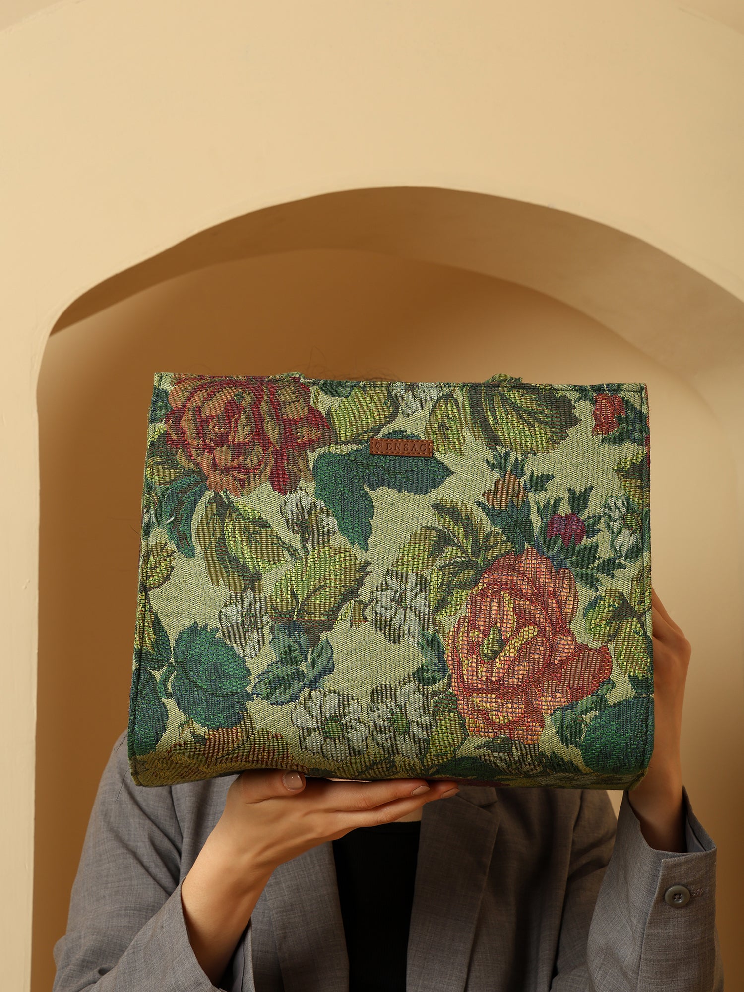 ENSAC Enchanted Garden Green Floral Tote Bag – Stylish & Spacious Everyday Bag
