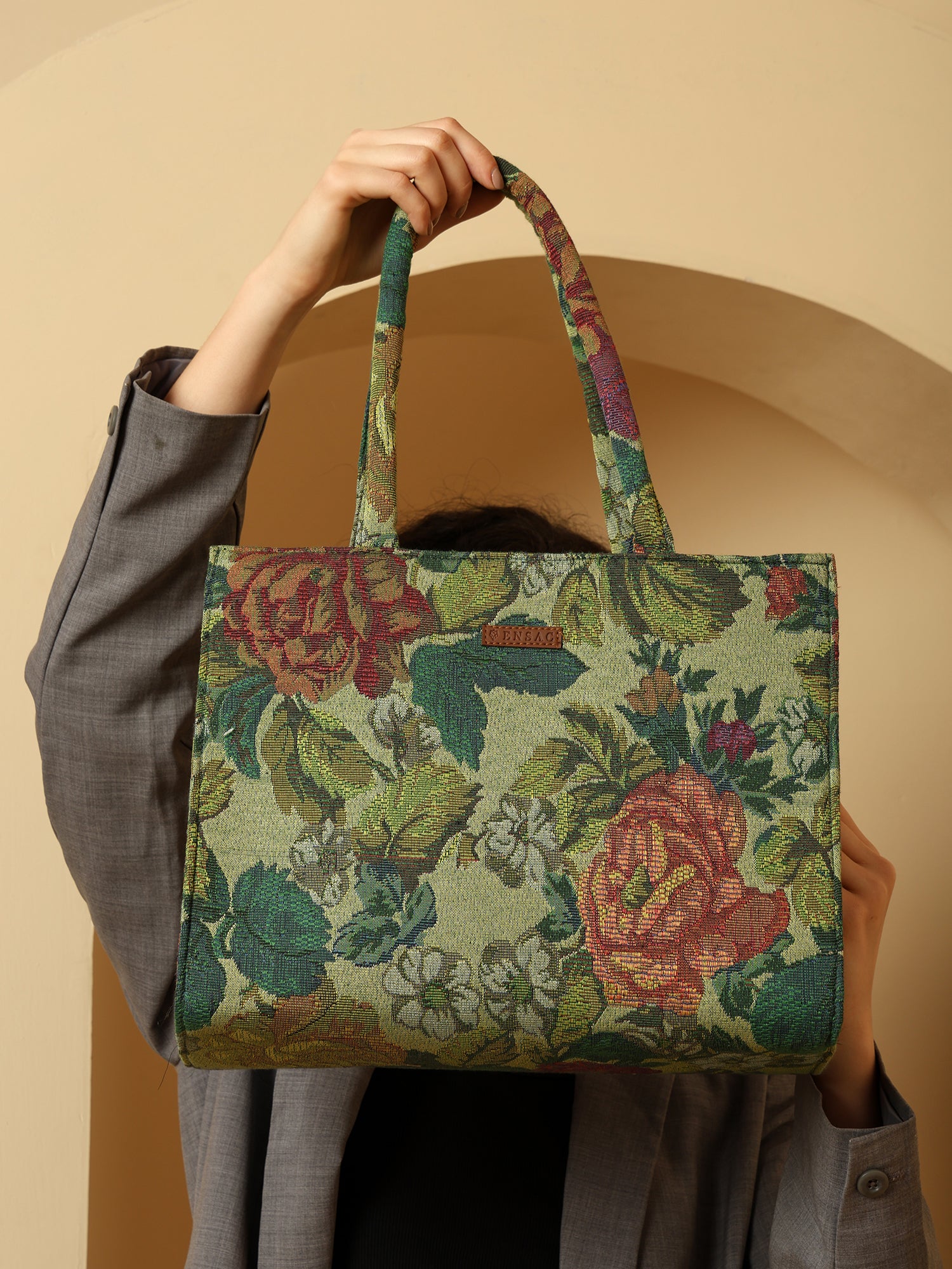 ENSAC Enchanted Garden Green Floral Tote Bag – Stylish & Spacious Everyday Bag