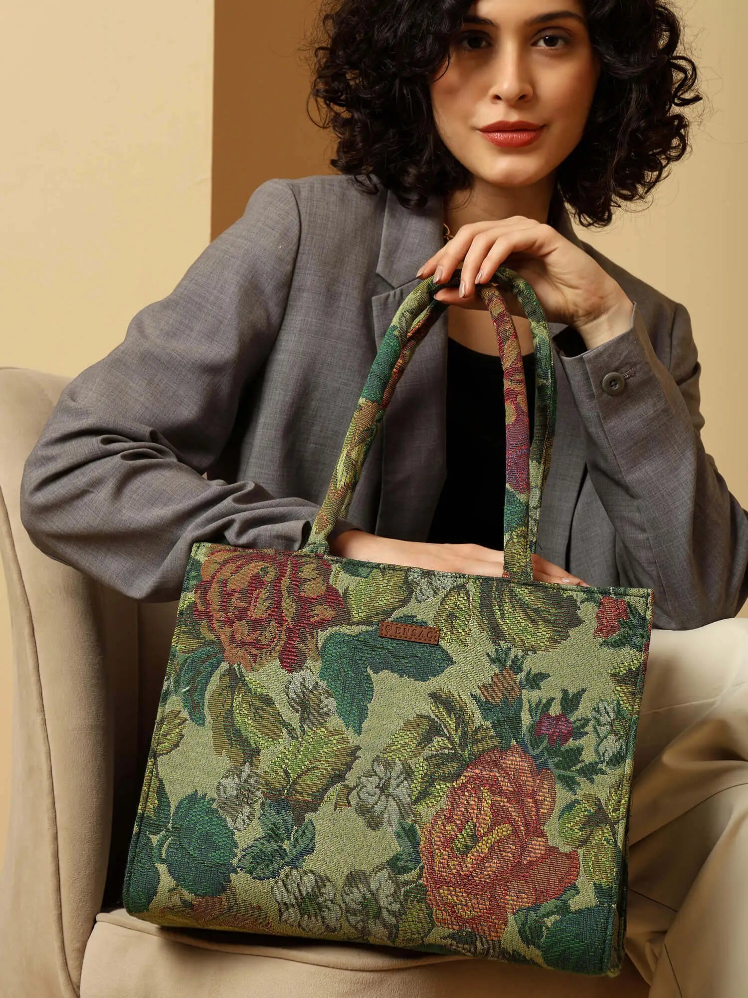 ENSAC Enchanted Garden Green Floral Tote Bag – Stylish & Spacious Everyday Bag