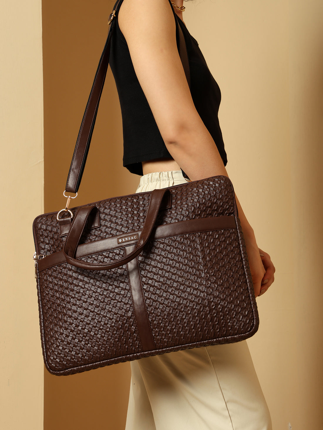 ENSAC Women’s Stylish Brown Chatai Laptop Bag | Elegant PU Office Briefcase