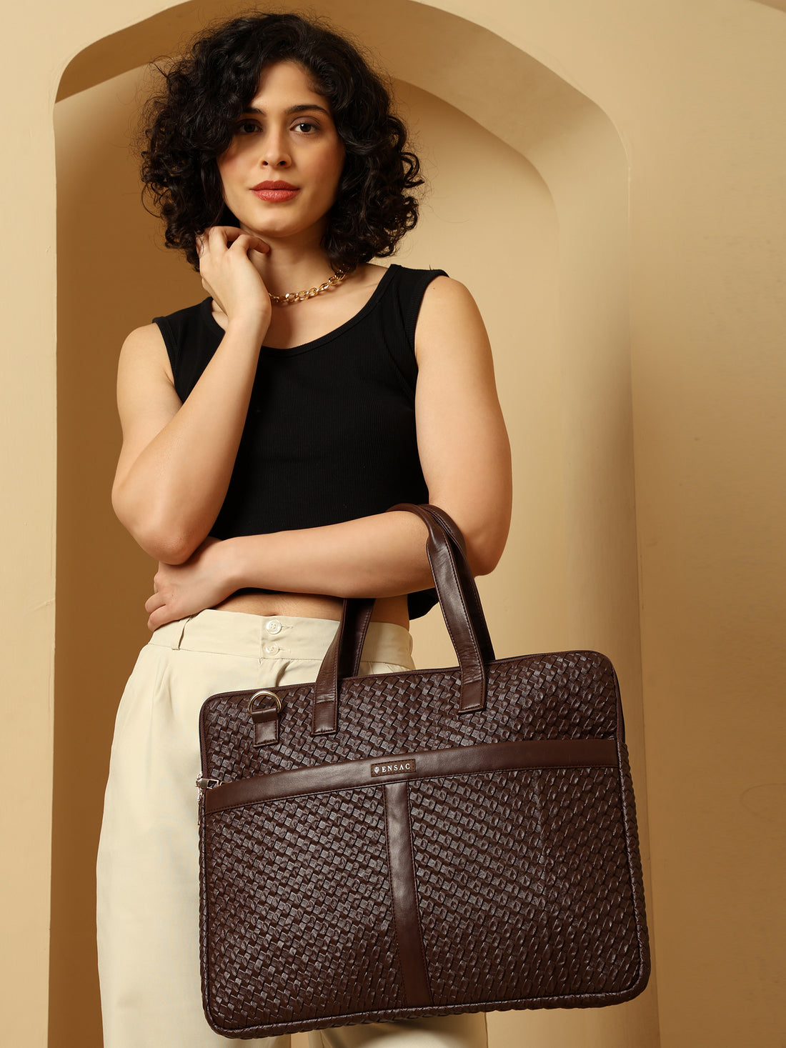 ENSAC Women’s Stylish Brown Chatai Laptop Bag | Elegant PU Office Briefcase
