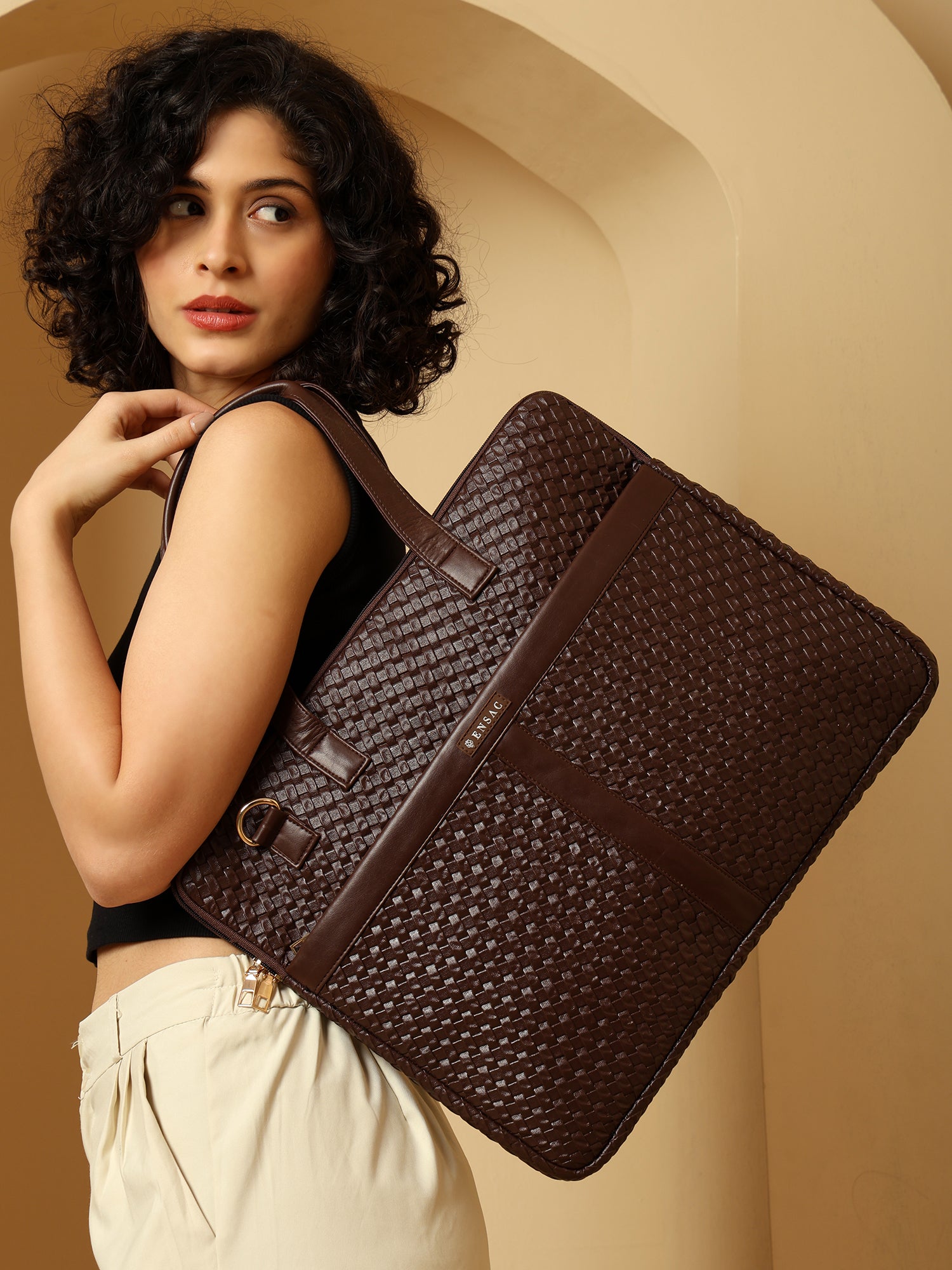 ENSAC Women’s Stylish Brown Chatai Laptop Bag | Elegant PU Office Briefcase