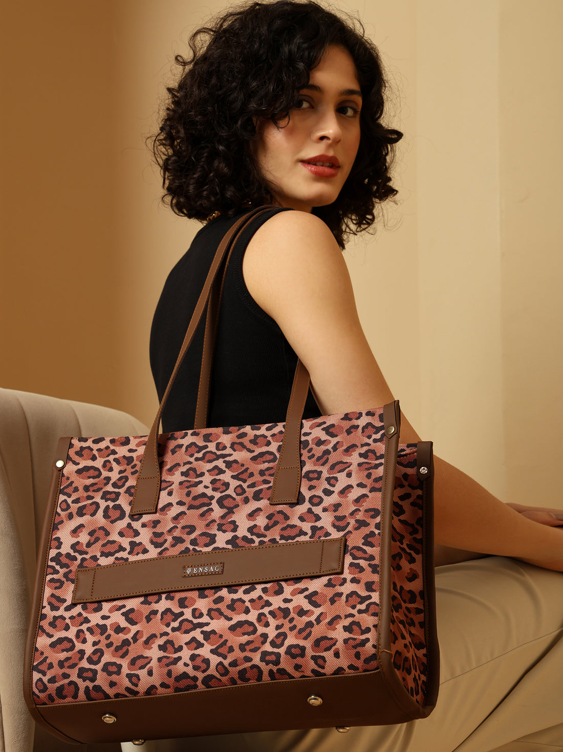 Ensac Jumbo Leopard Print Tote Bag | Stylish and Spacious Women's Handbag with Vegan Leather Straps