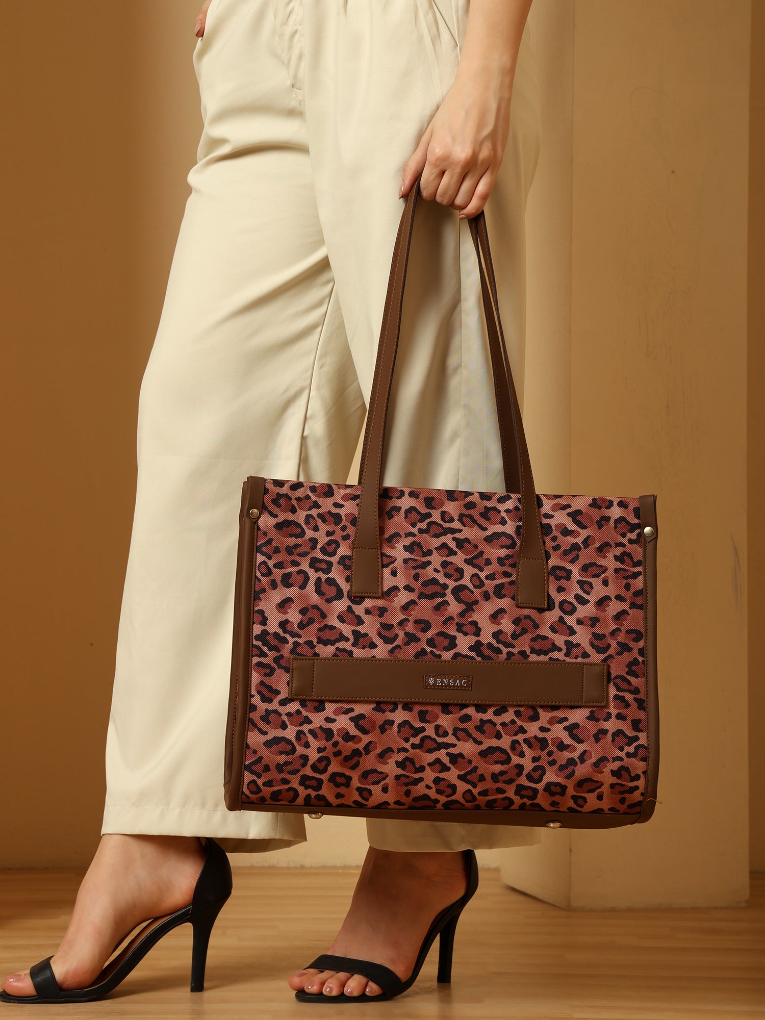 Ensac Jumbo Leopard Print Tote Bag | Stylish and Spacious Women's Handbag with Vegan Leather Straps