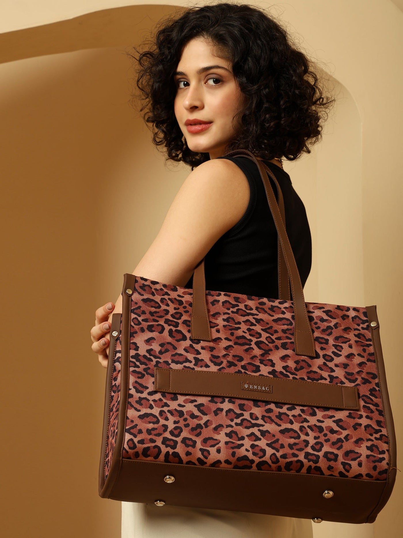 Ensac Jumbo Leopard Print Tote Bag | Stylish and Spacious Women's Handbag with Vegan Leather Straps