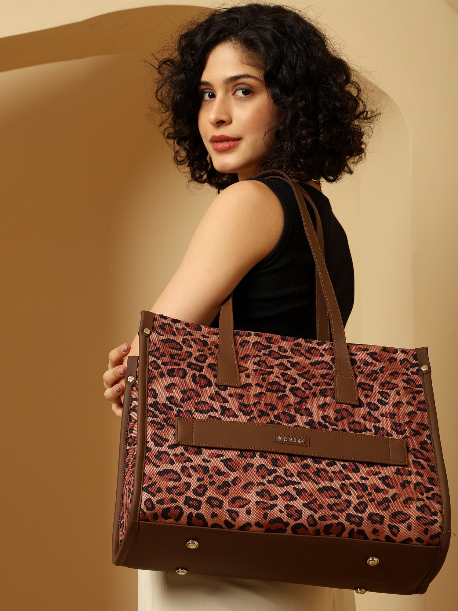 Ensac Jumbo Leopard Print Tote Bag | Stylish and Spacious Women's Handbag with Vegan Leather Straps