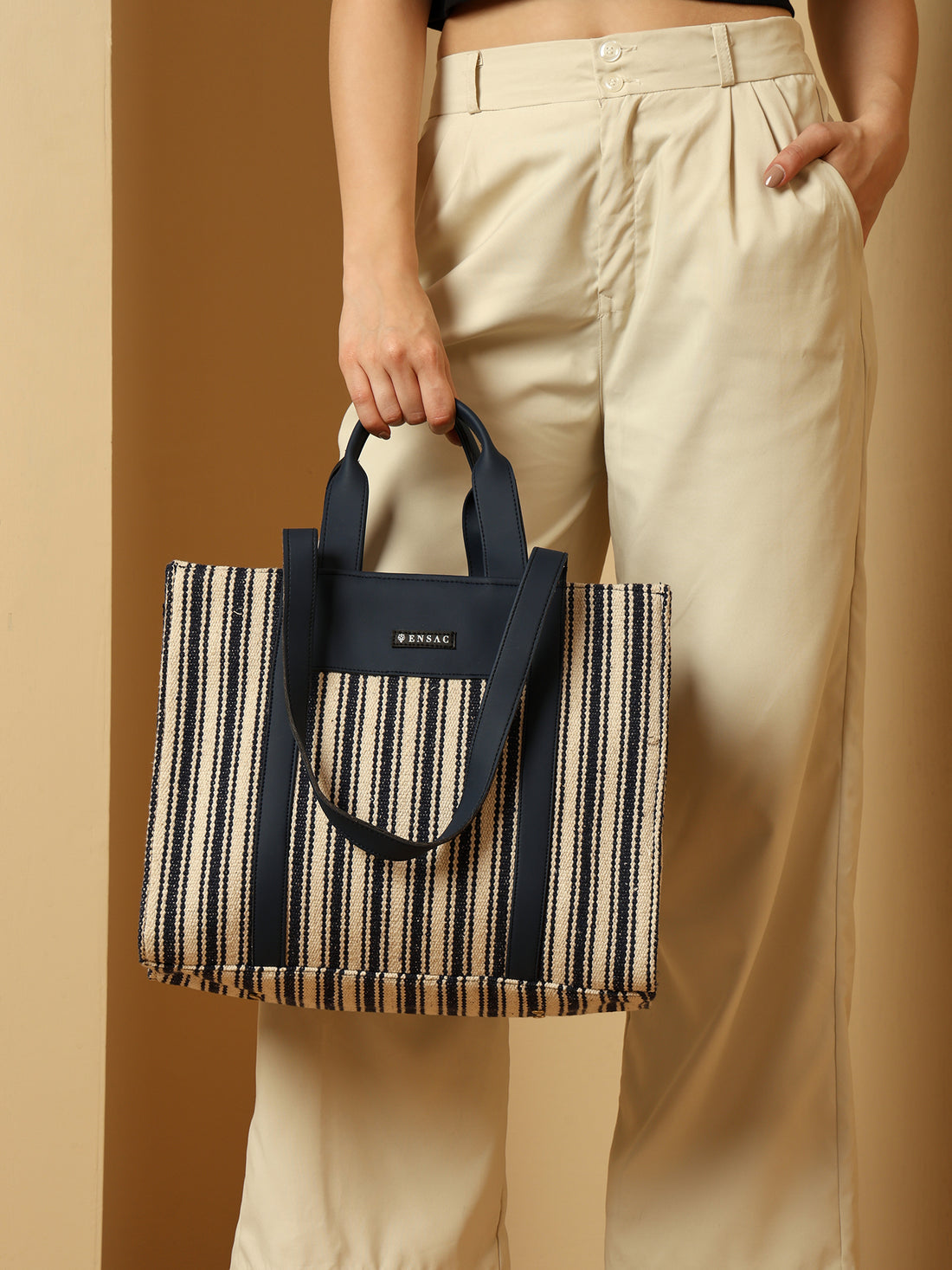Nautical Striped Tote Bag with Navy Faux Leather Accents
