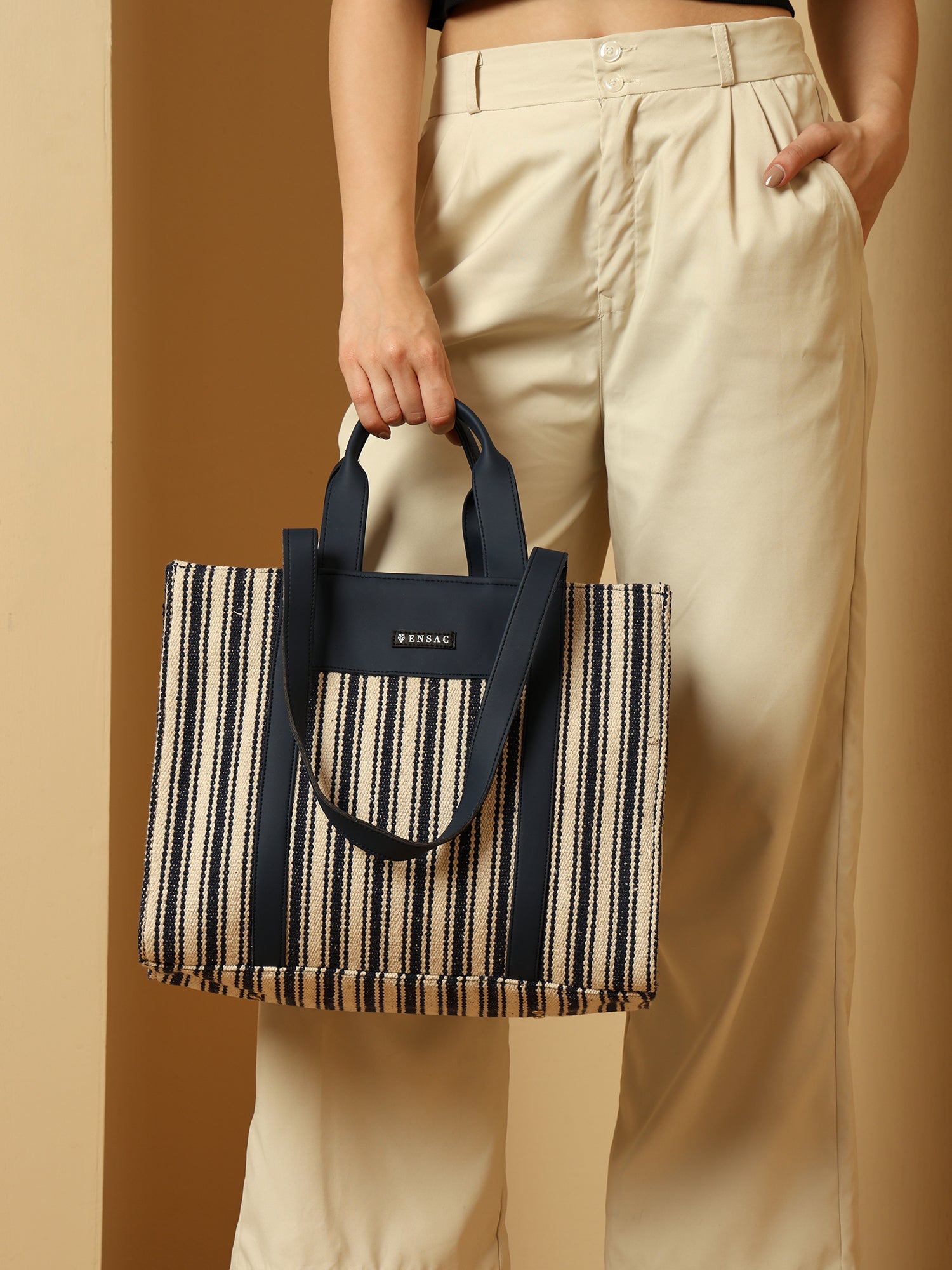 Nautical Striped Tote Bag with Navy Faux Leather Accents