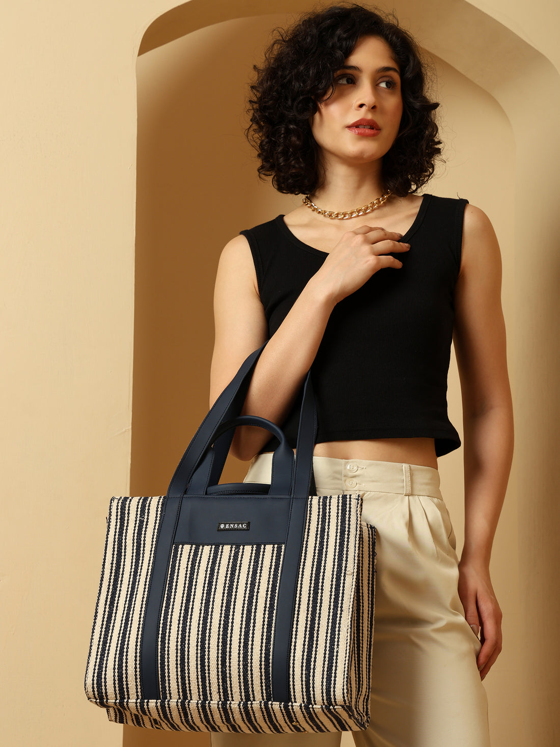 Nautical Striped Tote Bag with Navy Faux Leather Accents
