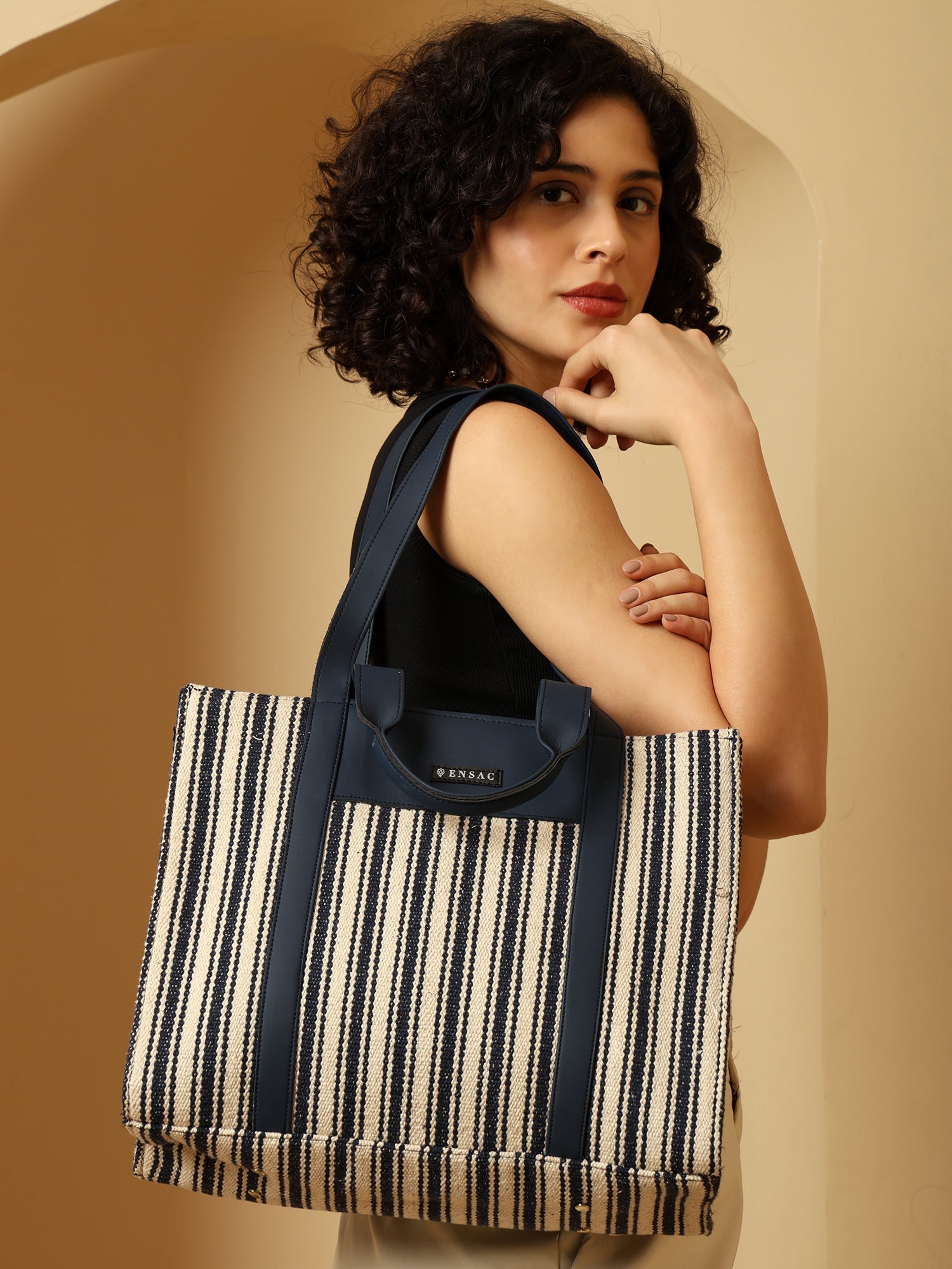 Nautical Striped Tote Bag with Navy Faux Leather Accents