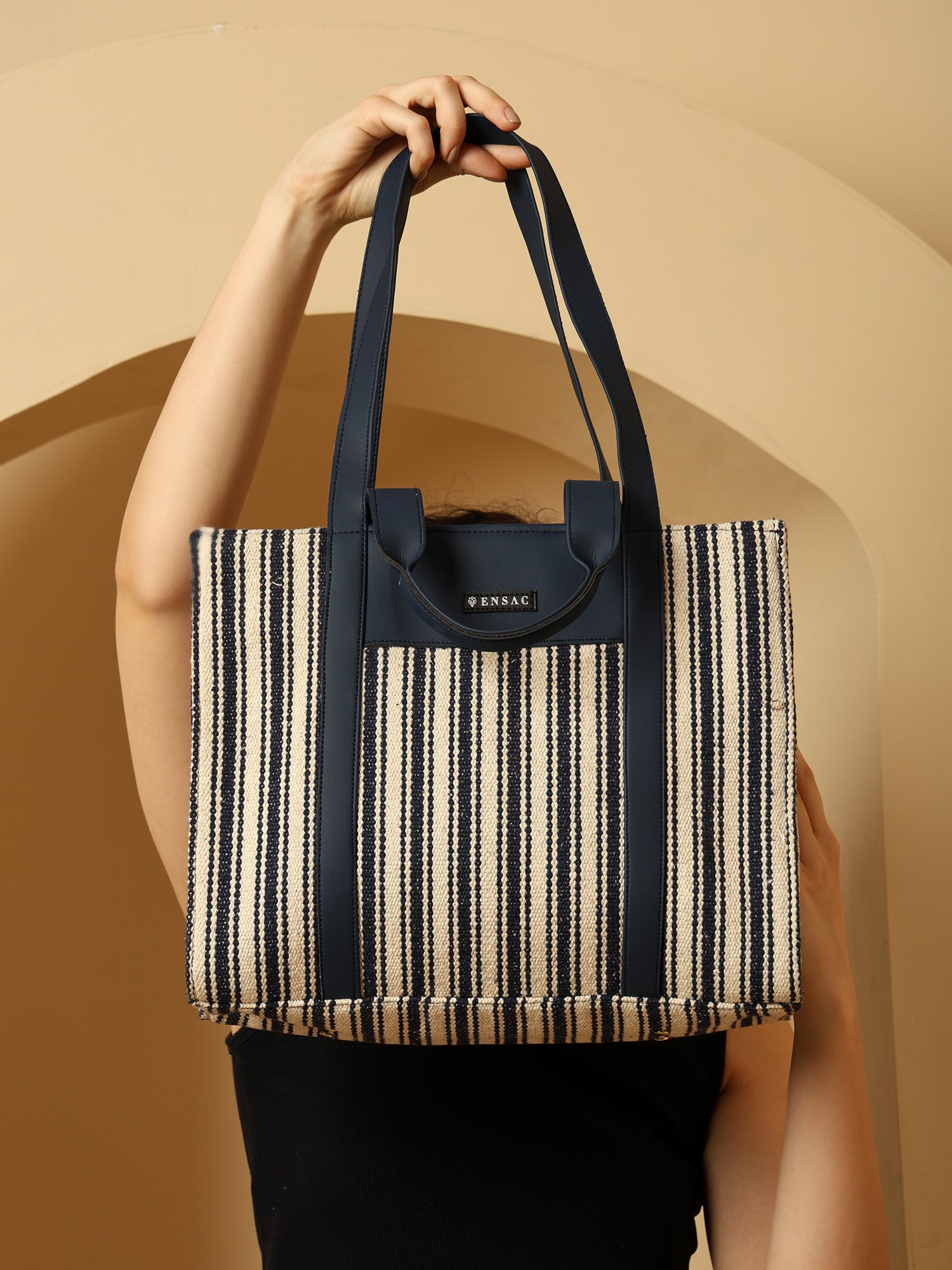 Nautical Striped Tote Bag with Navy Faux Leather Accents